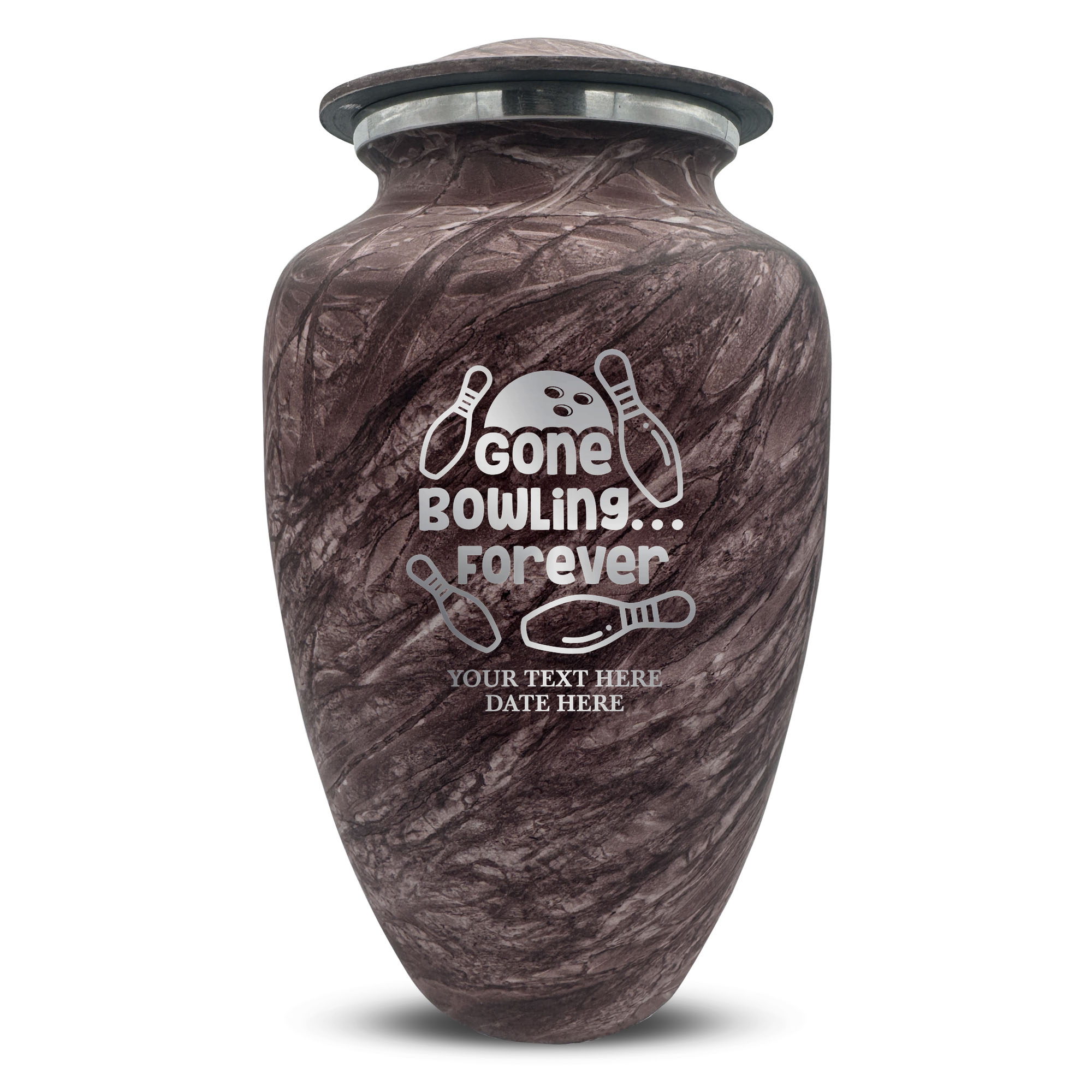 Custom Large Cremation Urn for Human Ashes - Soft Whisper Collection - Funny Bowling Design - Distressed Finish - 200 Cubic Inch