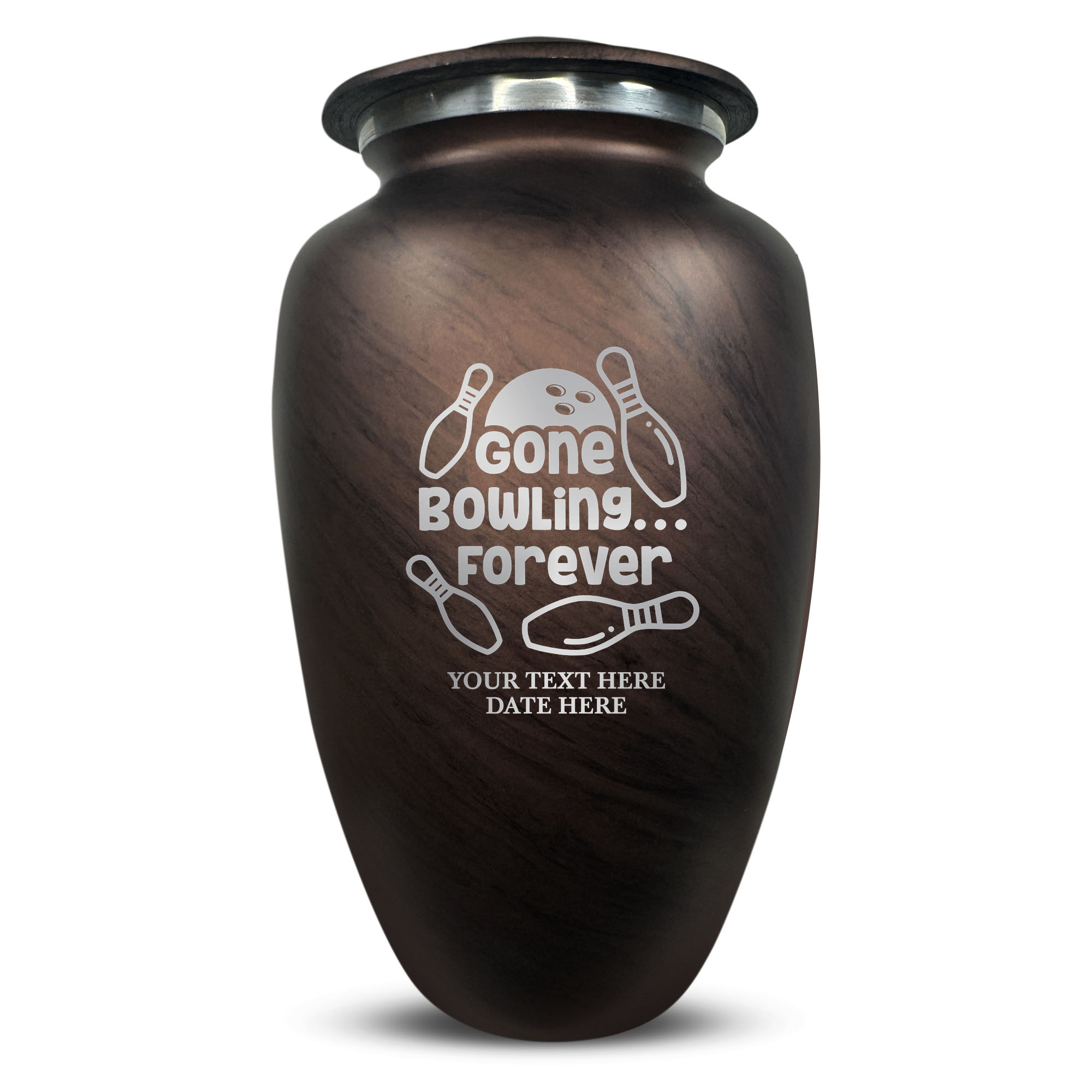 Custom Large Cremation Urn for Human Ashes - Soft Whisper Collection - Funny Bowling Design - Distressed Finish - 200 Cubic Inch