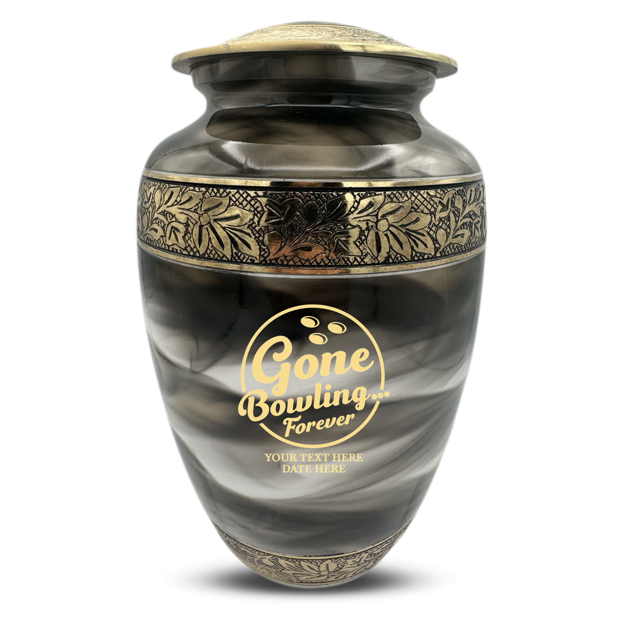 Custom Aluminum Cremation Urn for Human Ashes - Suzesta Pearl White Memorial Urn - Funny Bowling Design - 200 Cubic Inch