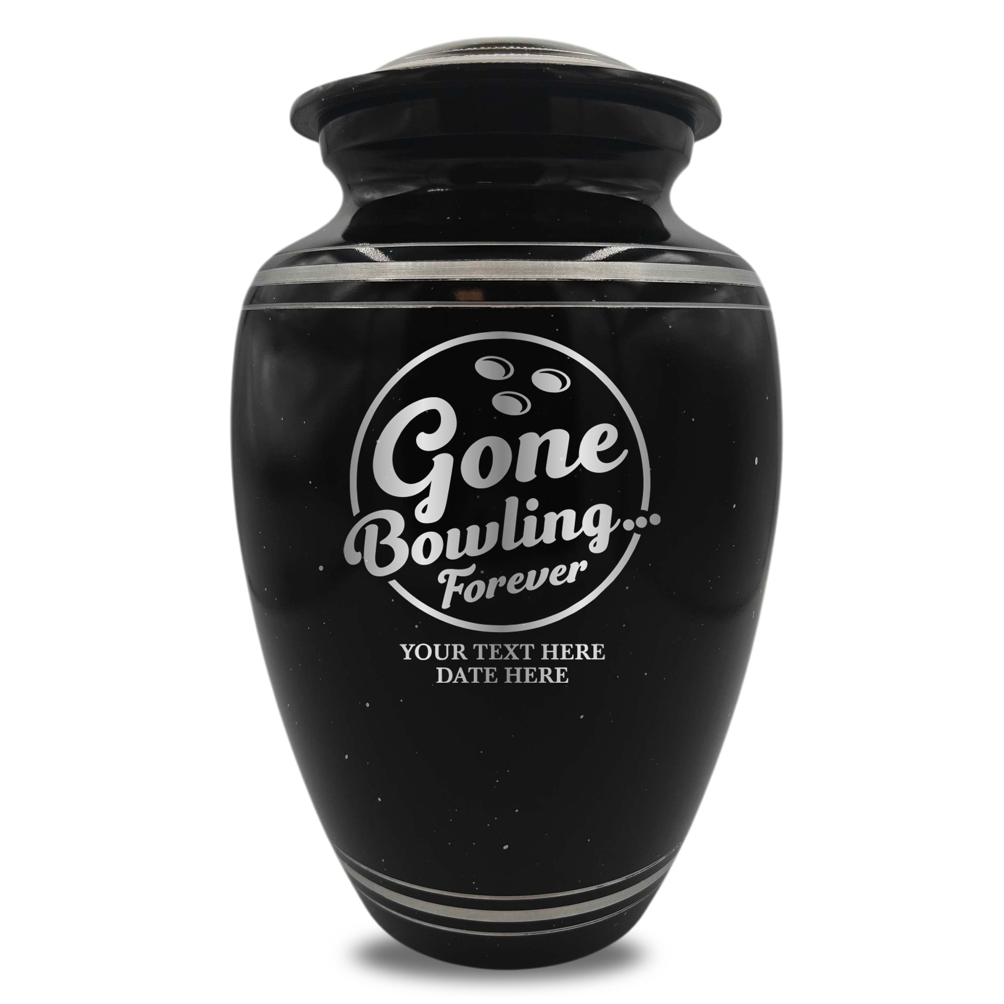 Spotted Black Aluminum with Silver Rim Human Cremation Urn - 200 Cubic Inch | Gone Bowling Tribute