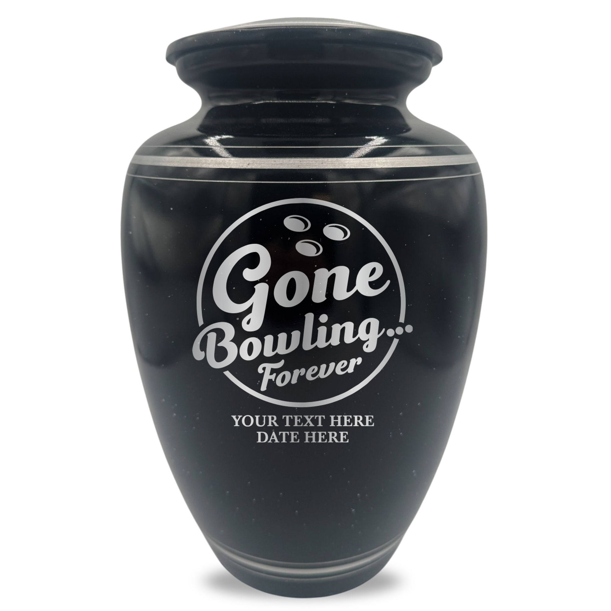 Extra Large Human Cremation Urn - 350 Cubic Inch - Black Spotted Finish with Silver Rim | Gone Bowling Tribute Collection
