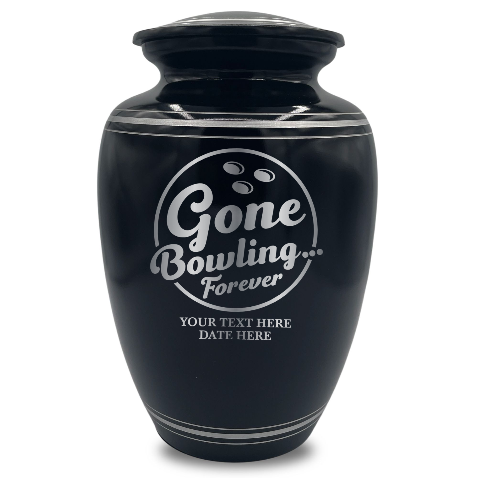 Human Cremation Urn - 350 Cubic Inch Capacity - Black with Silver Rim | Gone Bowling Tribute Collection