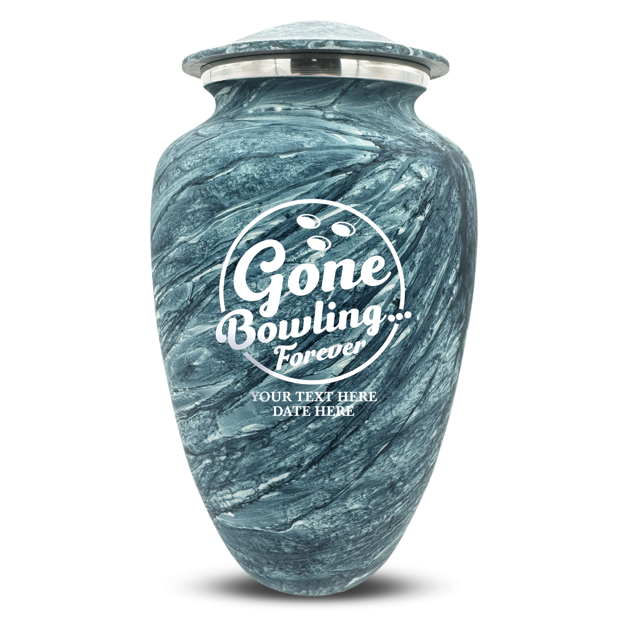 Custom Large Cremation Urn for Human Ashes - Soft Whisper Collection - Funny Bowling Design - Distressed Finish - 200 Cubic Inch
