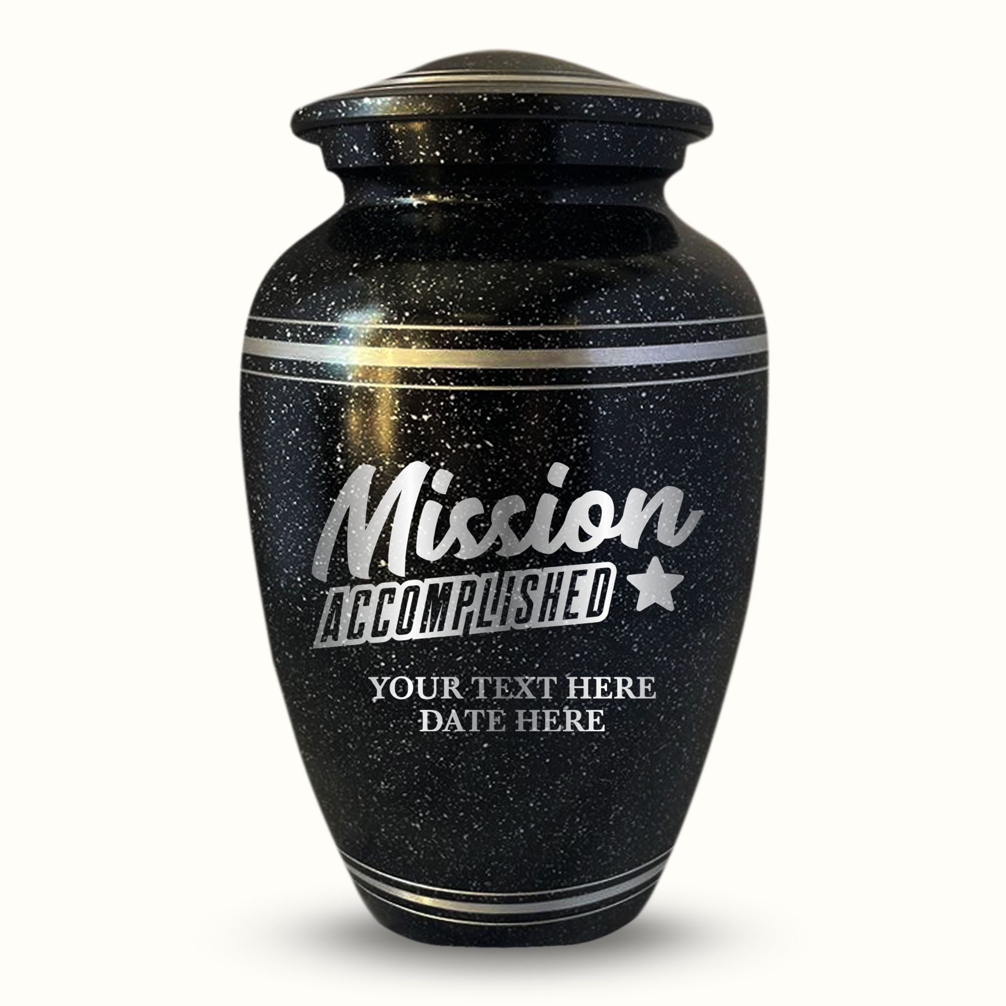 Spotted Black Aluminum with Silver Rim Human Cremation Urn - 200 Cubic Inch | Fantasy Memorial