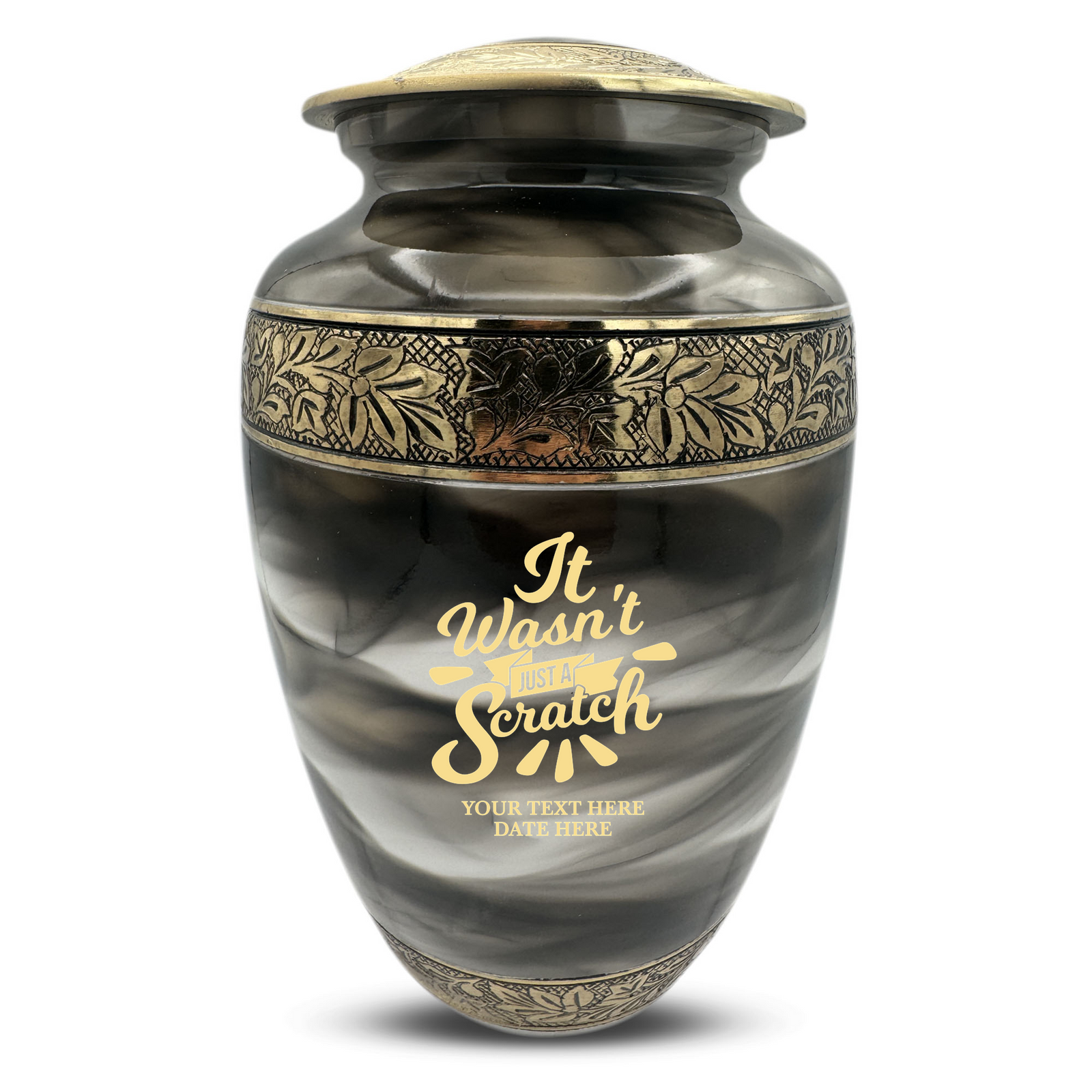 Custom Aluminum Human Urns - Suzesta Pearl White Memorial Urn - Dark Humor Design - 200 Cubic Inch