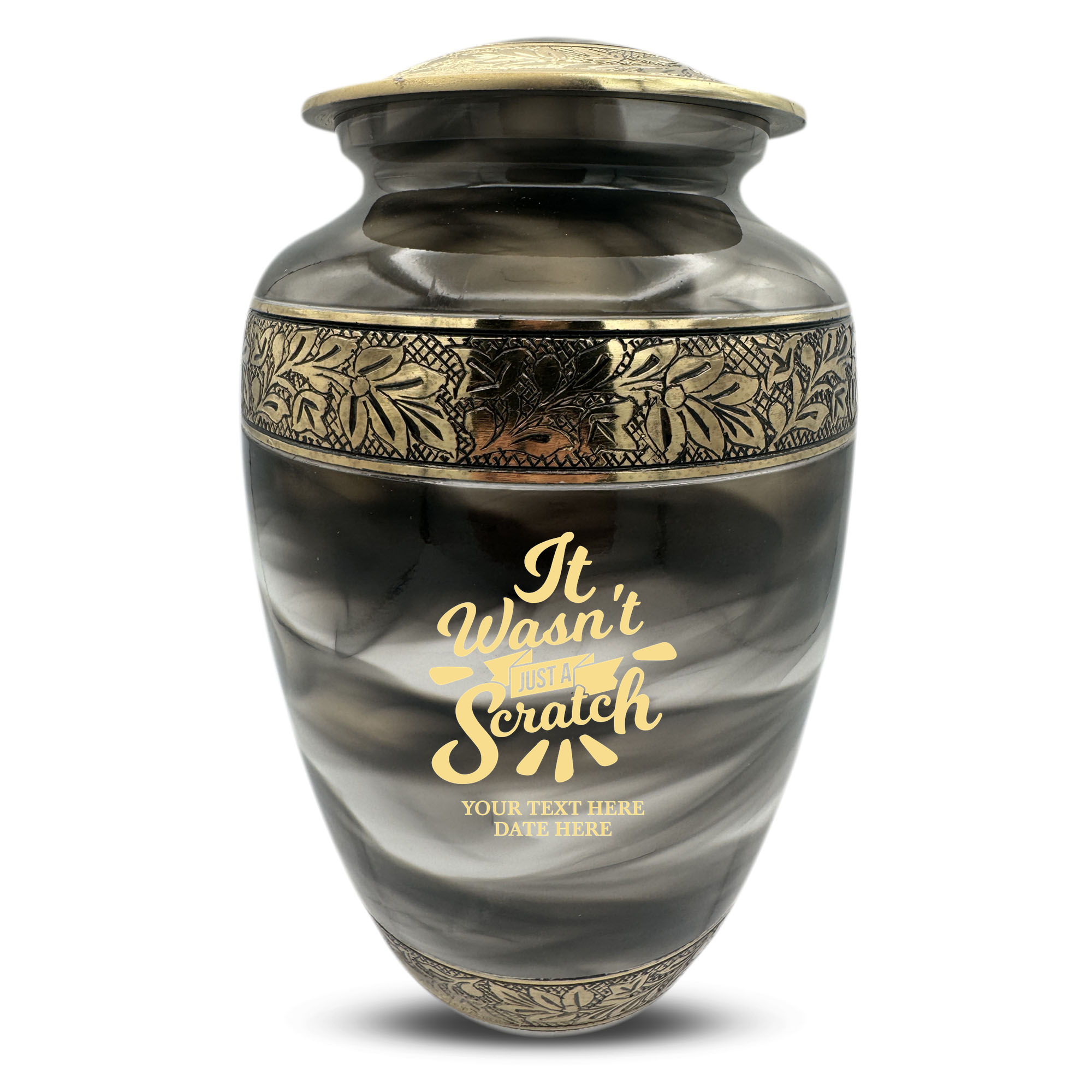 Custom Aluminum Cremation Urn for Human Ashes - Suzesta Pearl White Memorial Urn - Dark Humor Design - 200 Cubic Inch