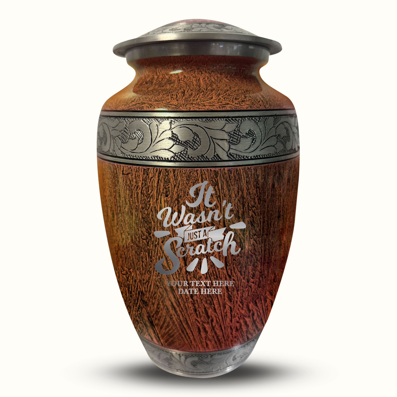 Custom Aluminum Human Urn - Elevate Collection - Dark Humor Design - Distressed Finish - 200 Cubic Inch