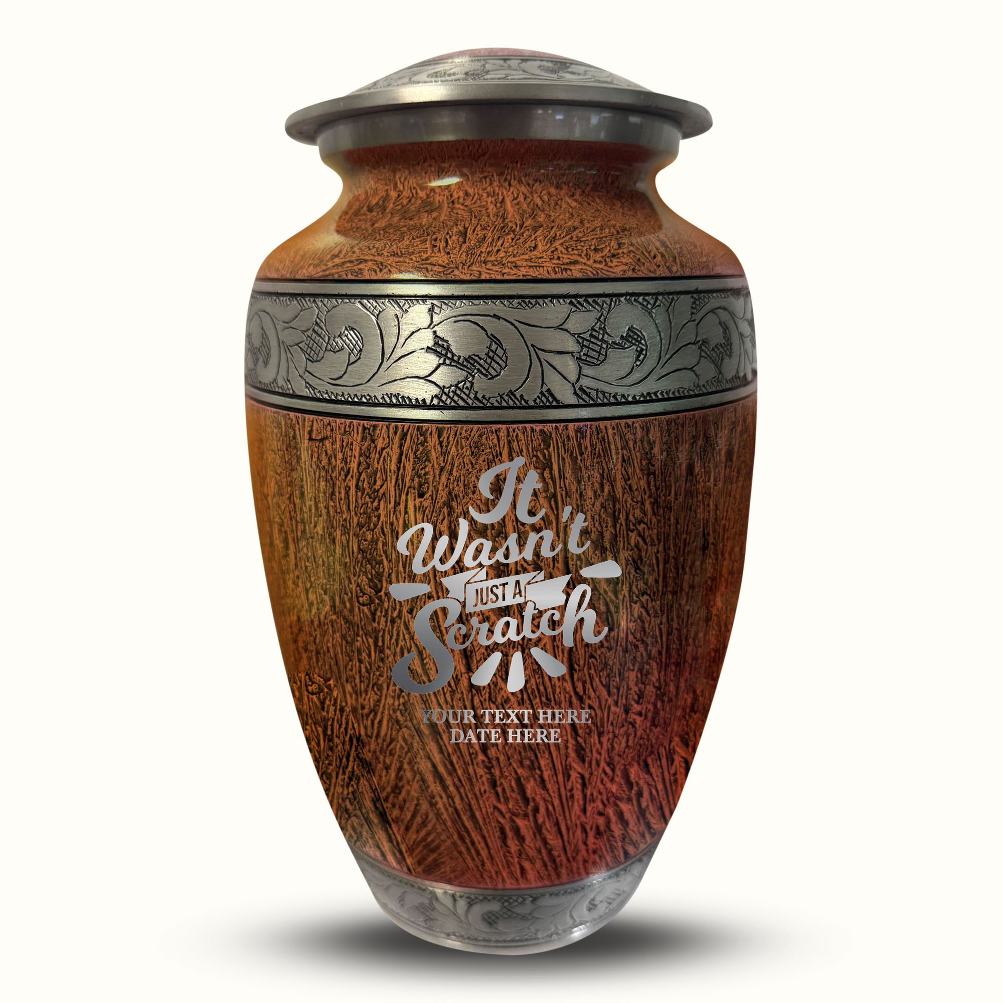 Custom Aluminum Human Urn - Elevate Collection - Dark Humor Design - Distressed Finish - 200 Cubic Inch