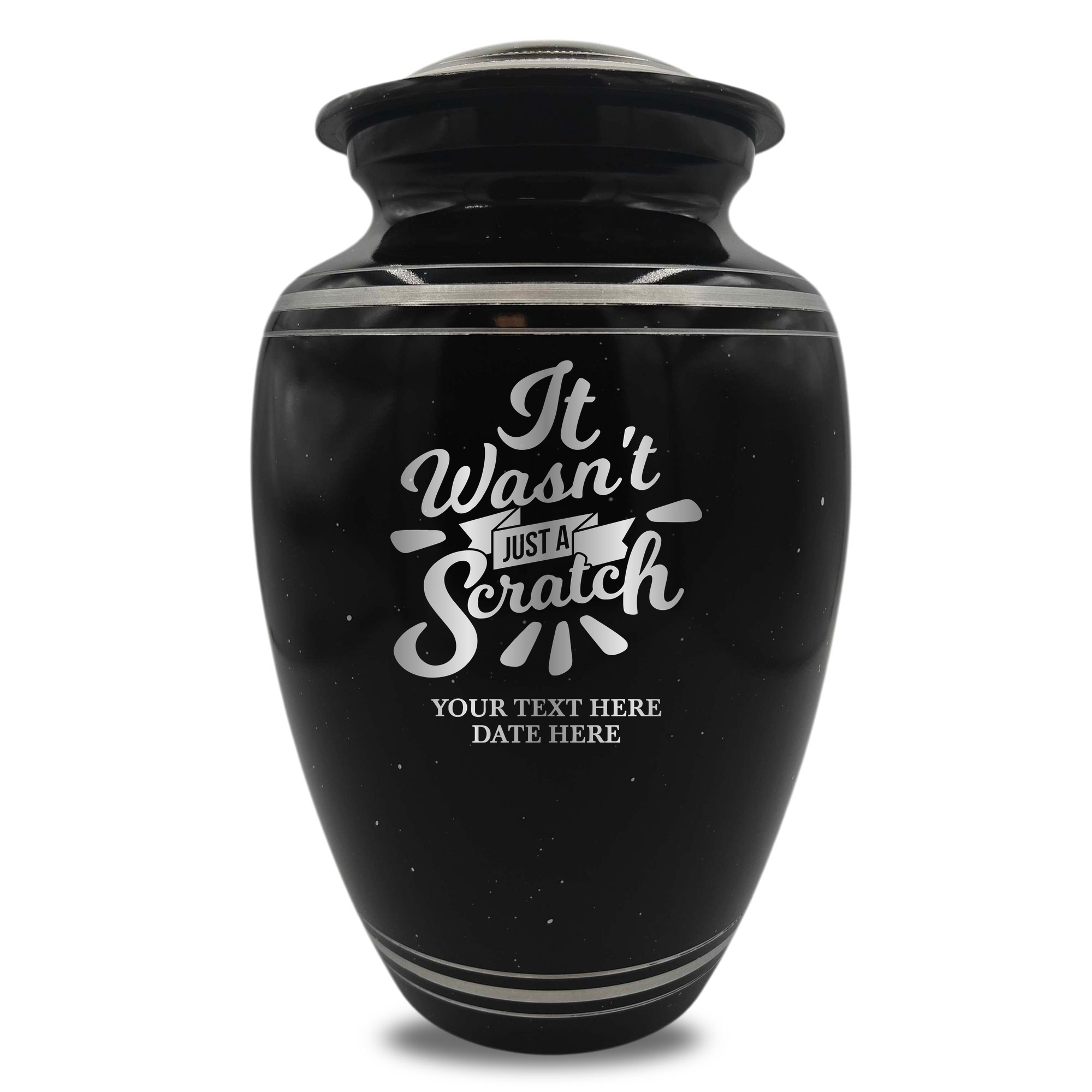 Spotted Black Aluminum with Silver Rim Human Cremation Urn - 200 Cubic Inch | Dark Humor