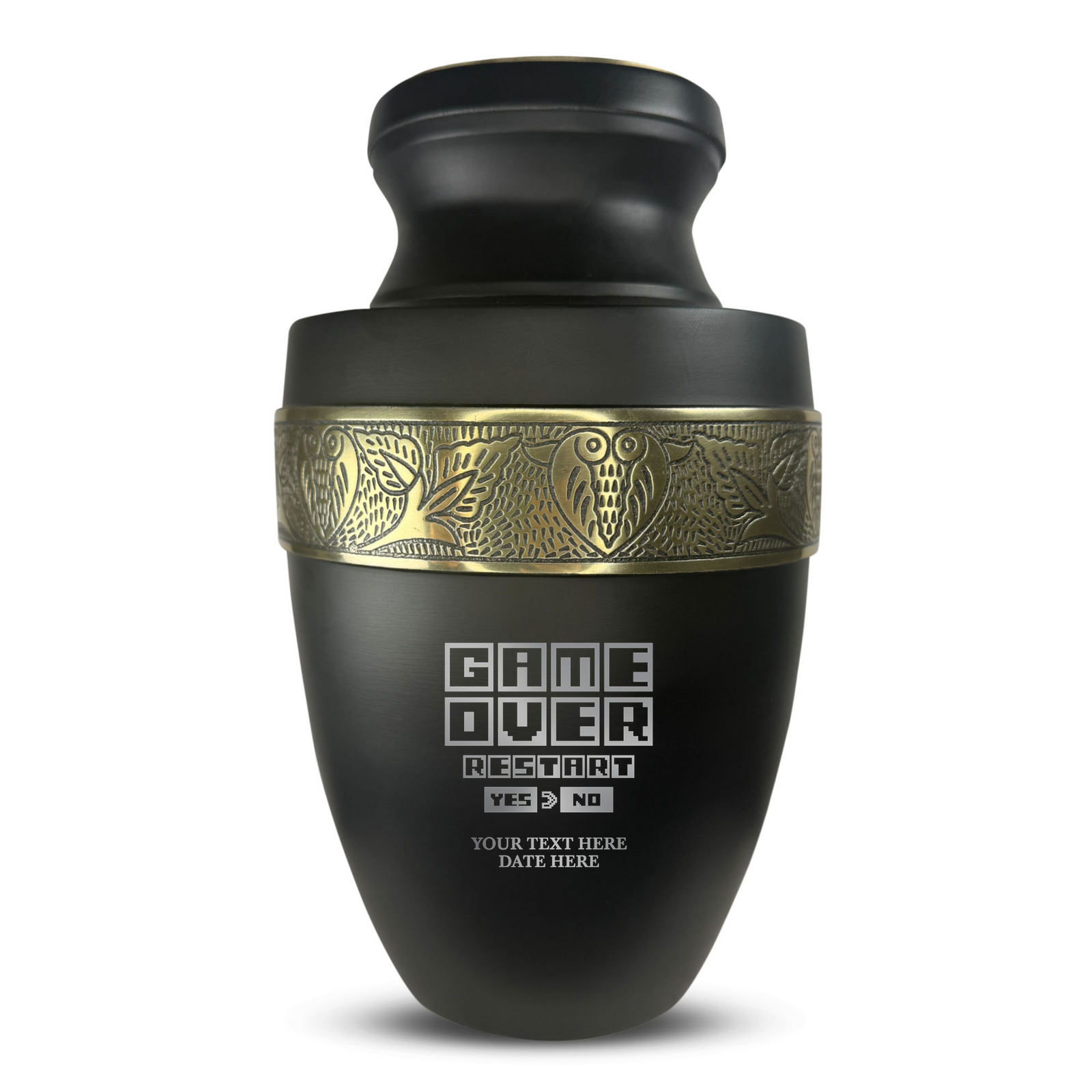 Custom Aluminum Human Urn - Funny Gaming Design - Elite Collection with Gold Inlay - 200 Cubic Inch
