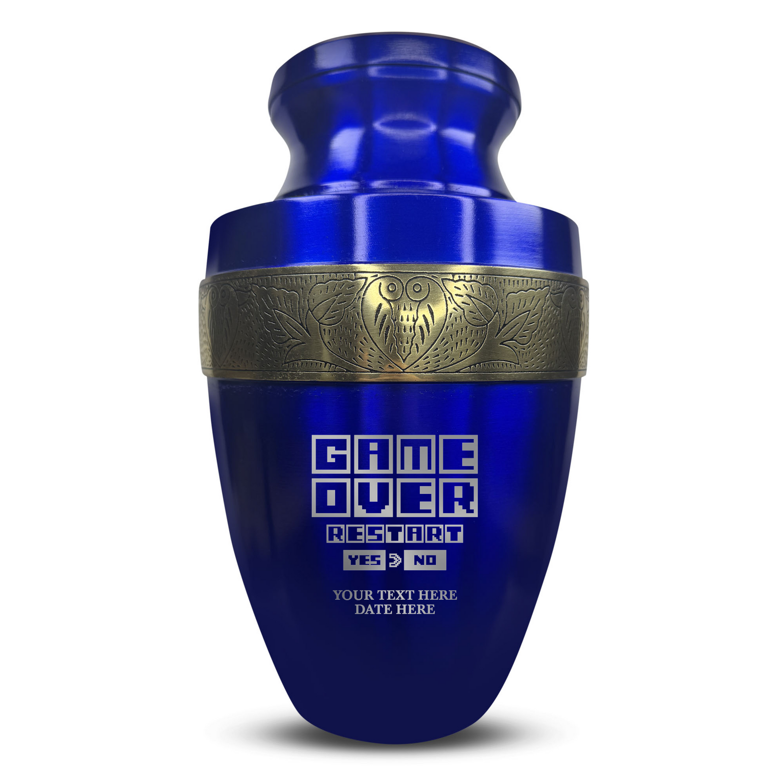 Custom Aluminum Human Urn - Funny Gaming Design - Elite Collection with Gold Inlay - 200 Cubic Inch