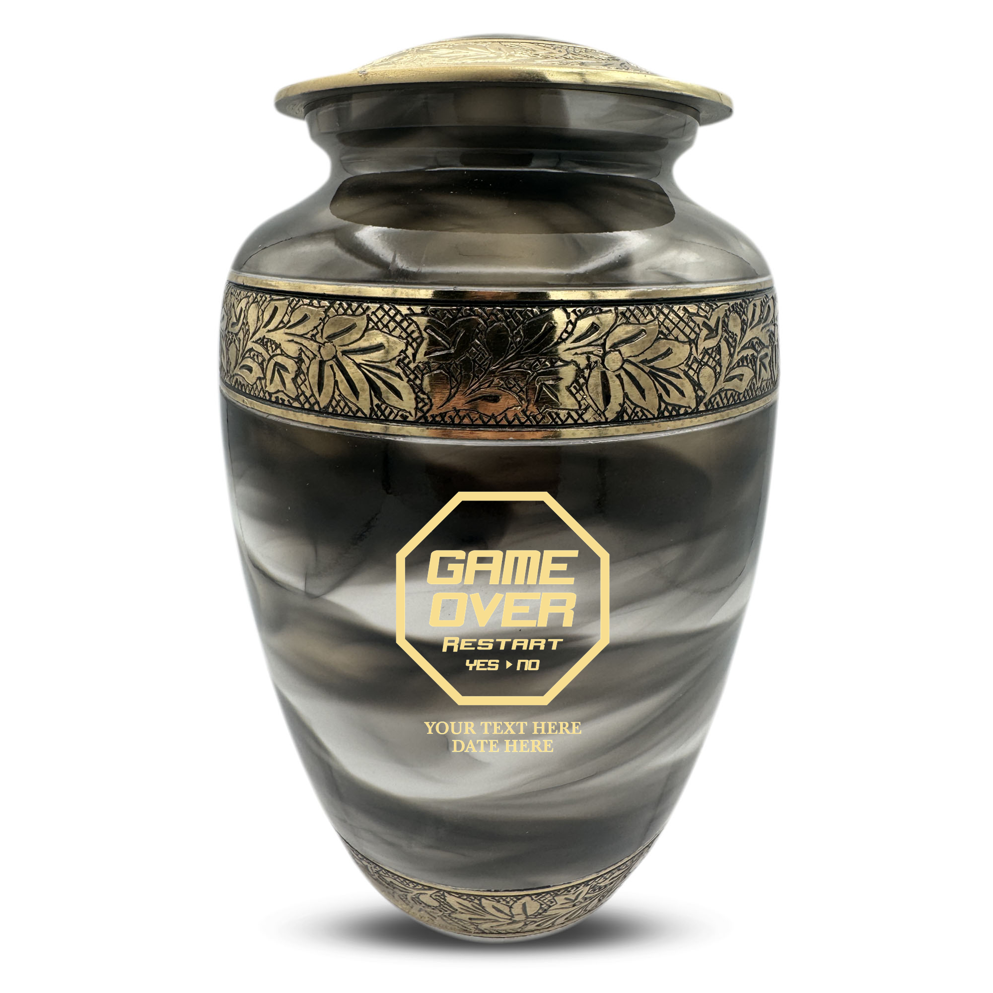 Custom Aluminum Cremation Urn for Human Ashes - Suzesta Pearl White Memorial Urn - Funny Gaming Design - 200 Cubic Inch