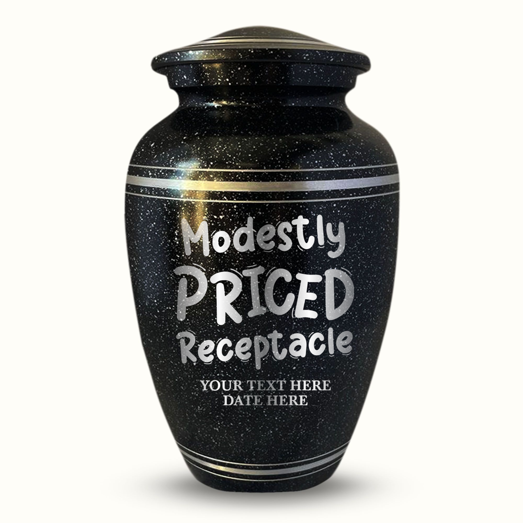 Spotted Black Aluminum with Silver Rim Human Cremation Urn - 200 Cubic Inch | Funny Pop Culture