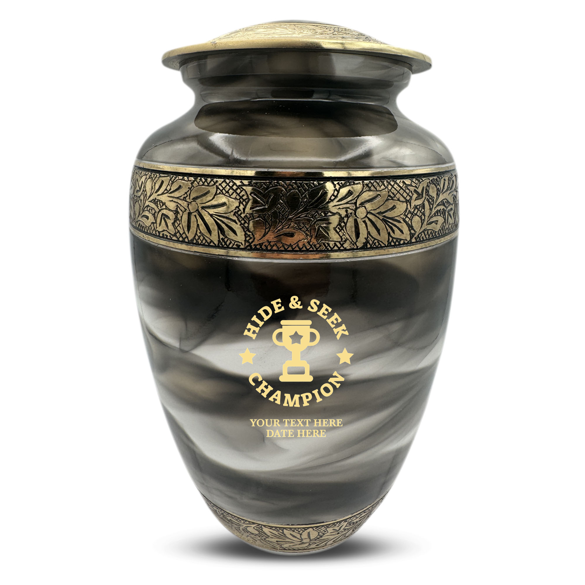 Custom Aluminum Cremation Urn for Human Ashes - Suzesta Pearl White Memorial Urn - Dark Humor Design - 200 Cubic Inch