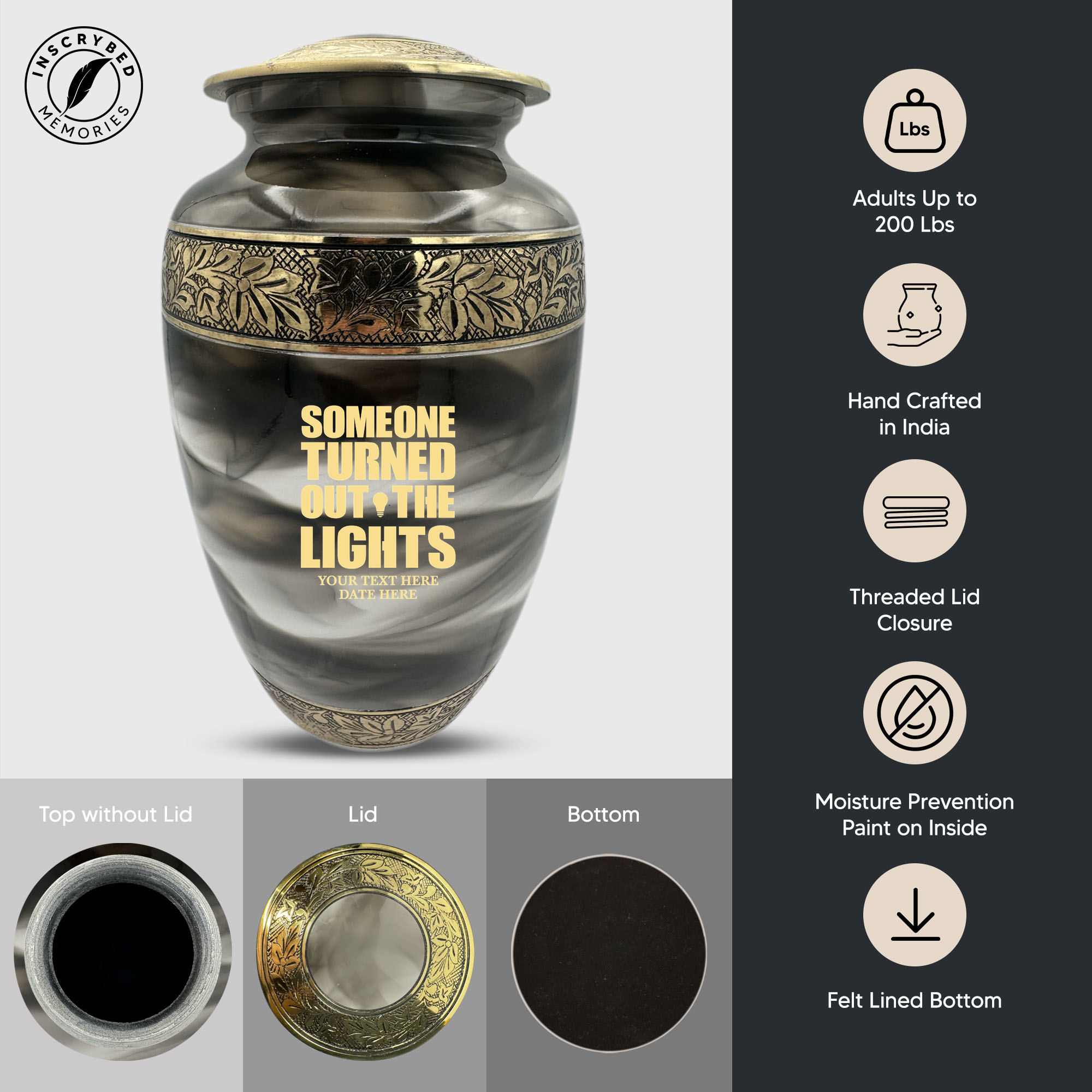 Custom Aluminum Cremation Urn for Human Ashes - Suzesta Pearl White Memorial Urn - Simple Humor Design - 200 Cubic Inch