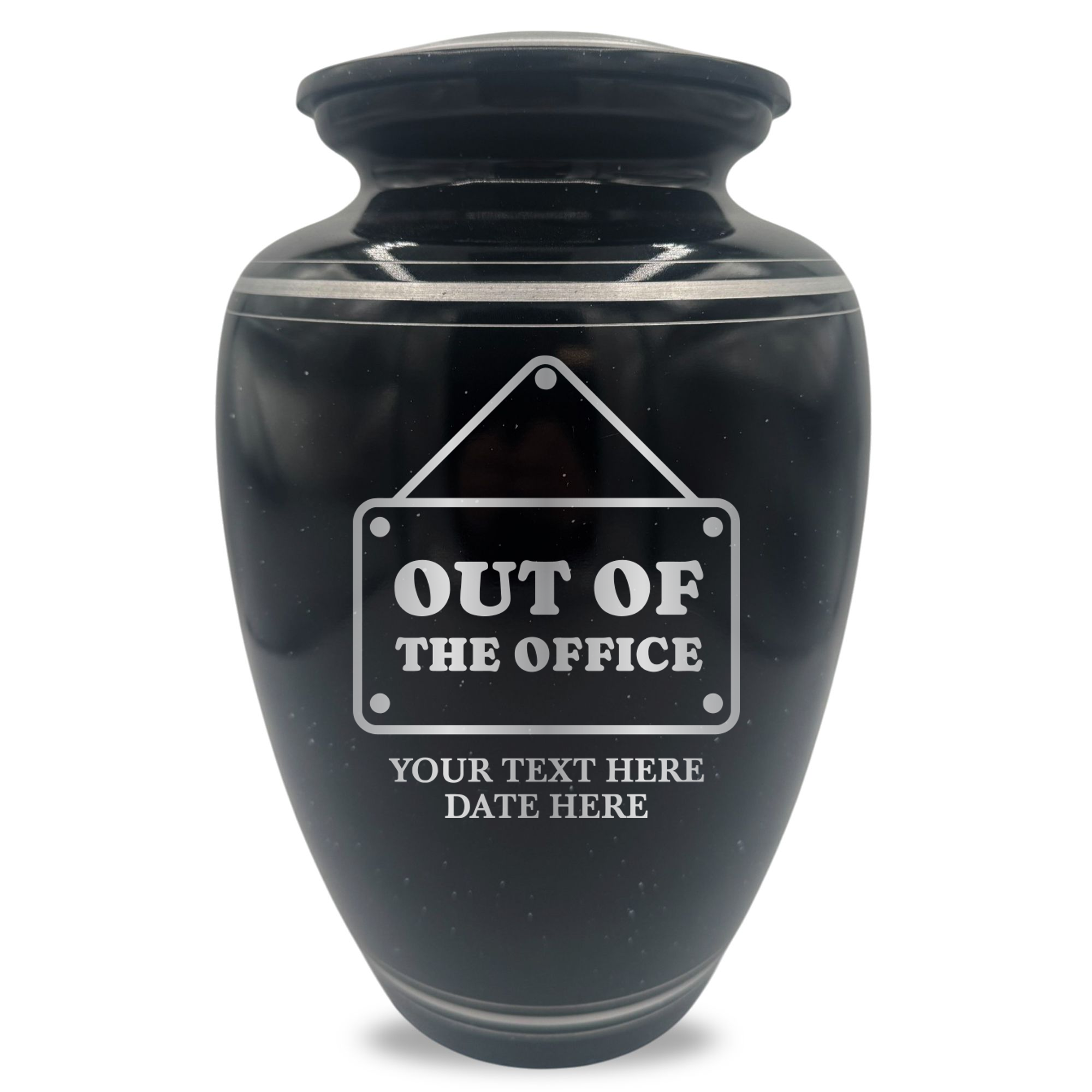 Extra Large Human Cremation Urn - 350 Cubic Inch - Black Spotted Finish with Silver Rim | Office Humor