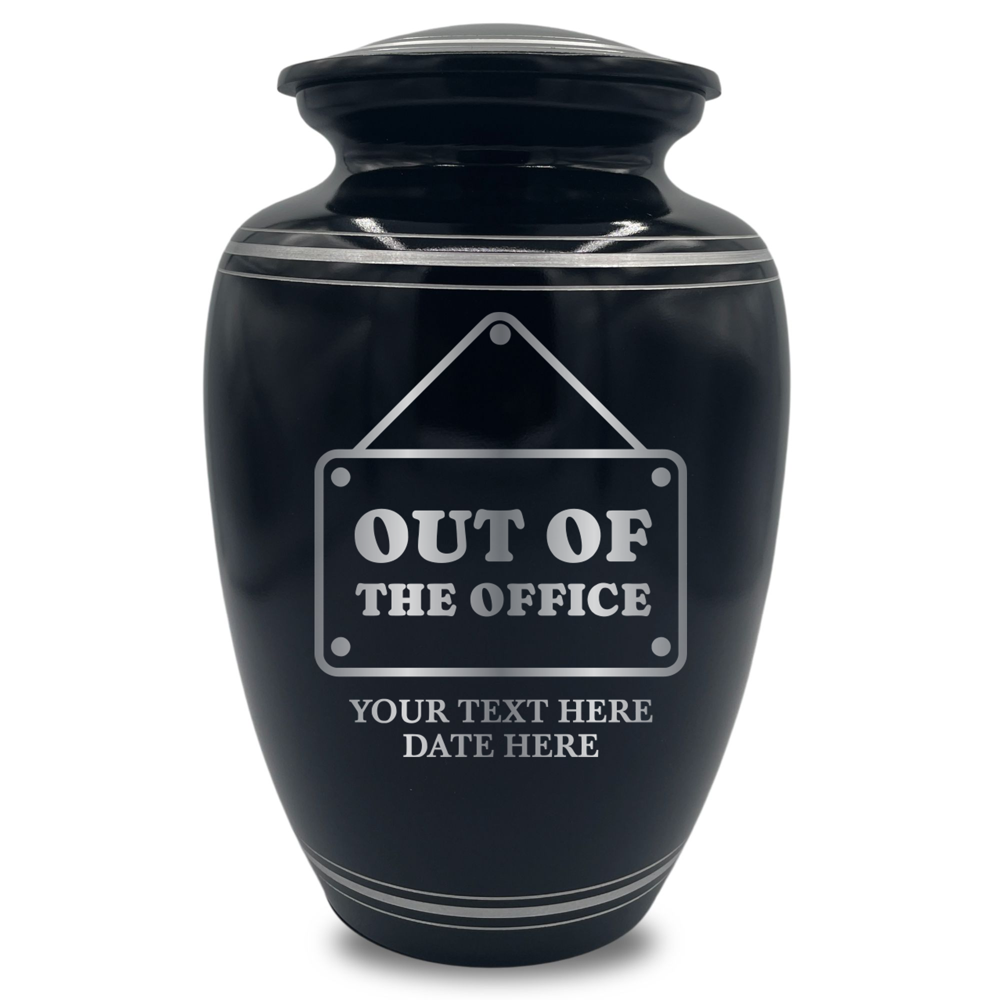 Human Cremation Urn - 350 Cubic Inch Capacity - Black with Silver Rim | Office Humor