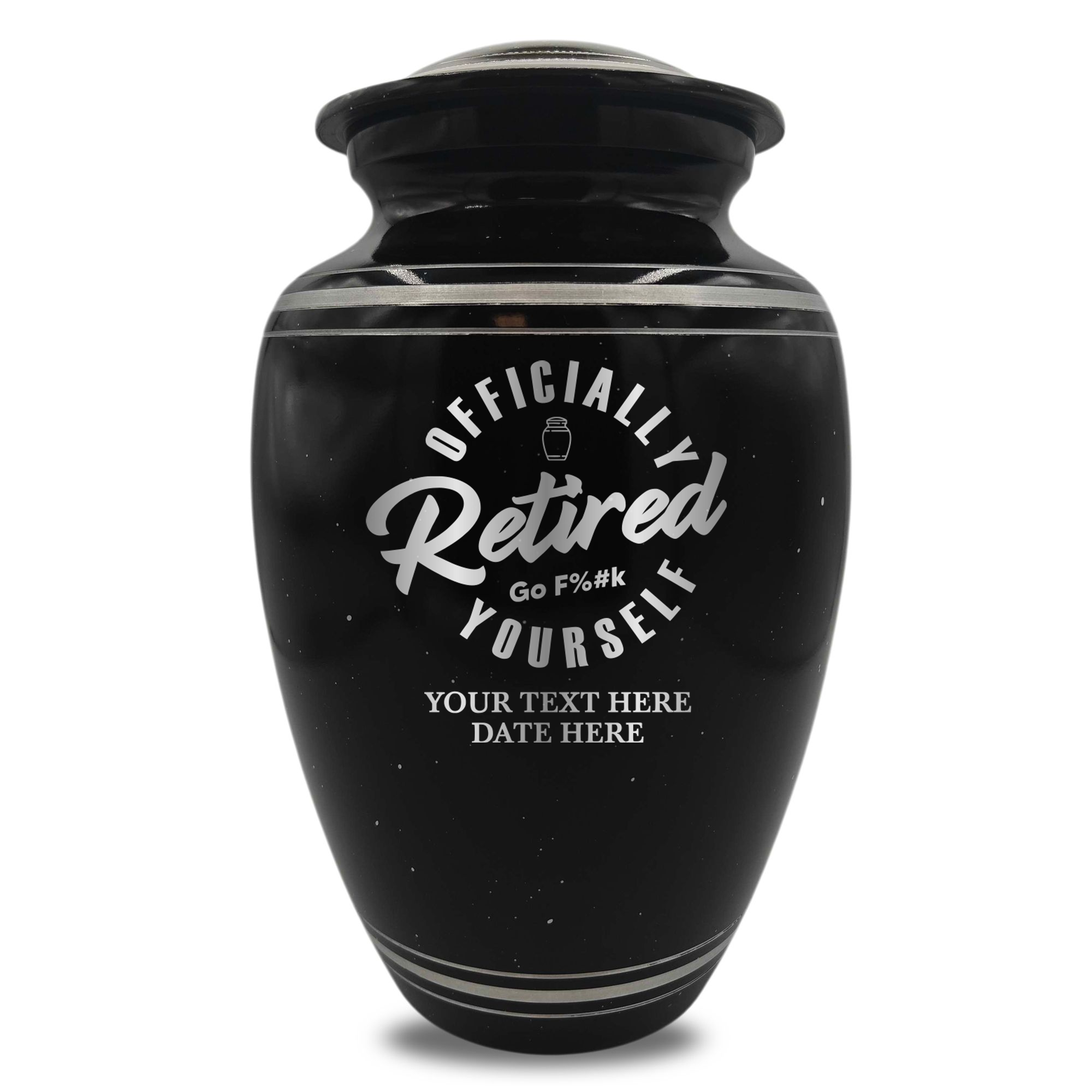 Spotted Black Aluminum with Silver Rim Human Cremation Urn - 200 Cubic Inch | Office Humor