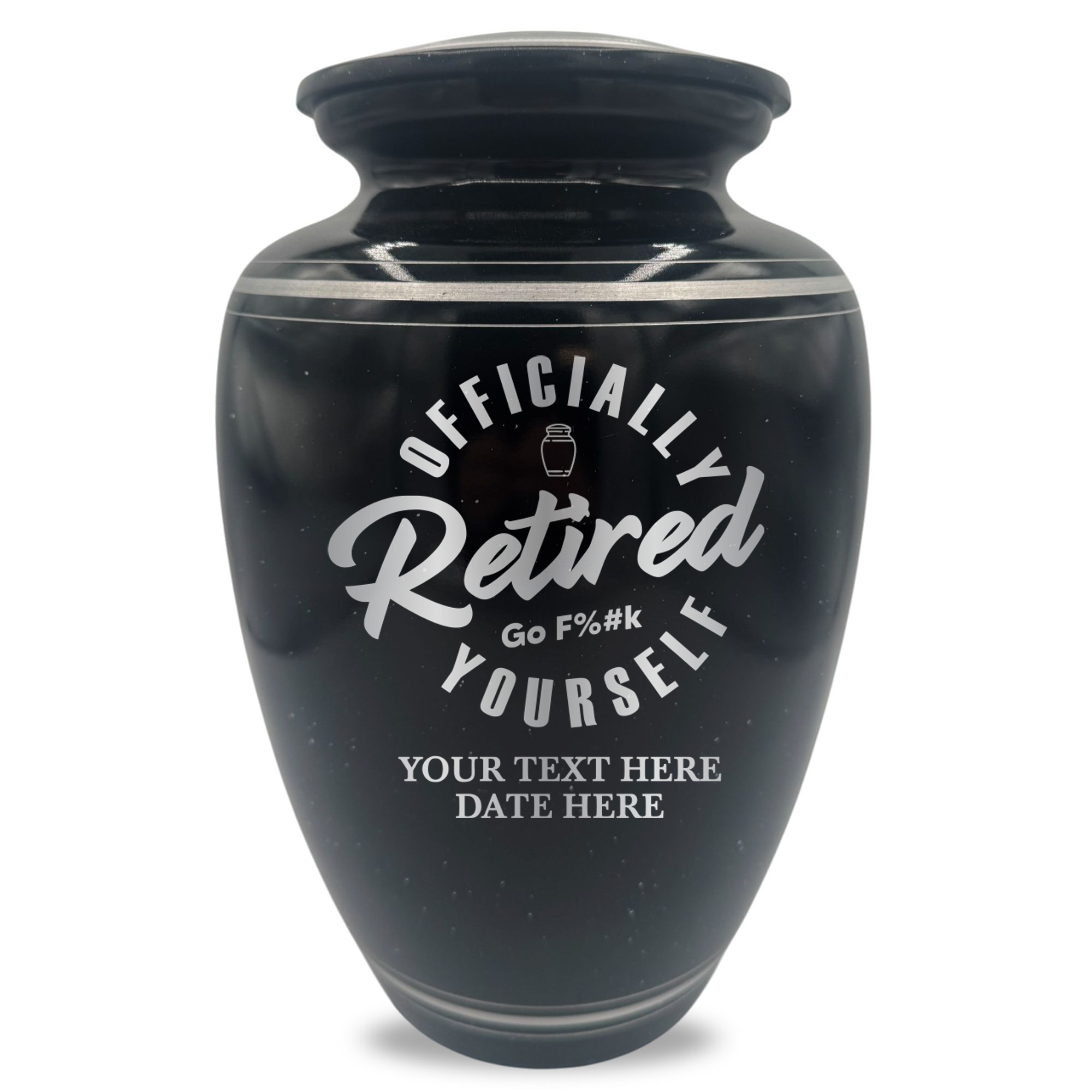 Extra Large Human Cremation Urn - 350 Cubic Inch - Black Spotted Finish with Silver Rim | Office Humor
