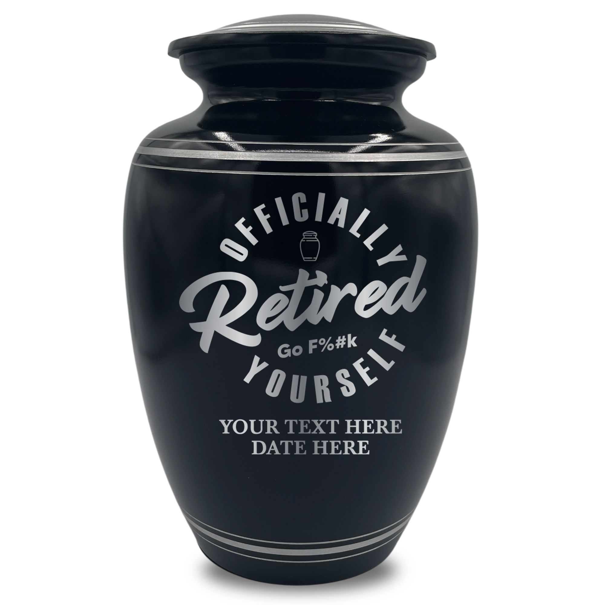 Human Cremation Urn - 350 Cubic Inch Capacity - Black with Silver Rim | Office Humor