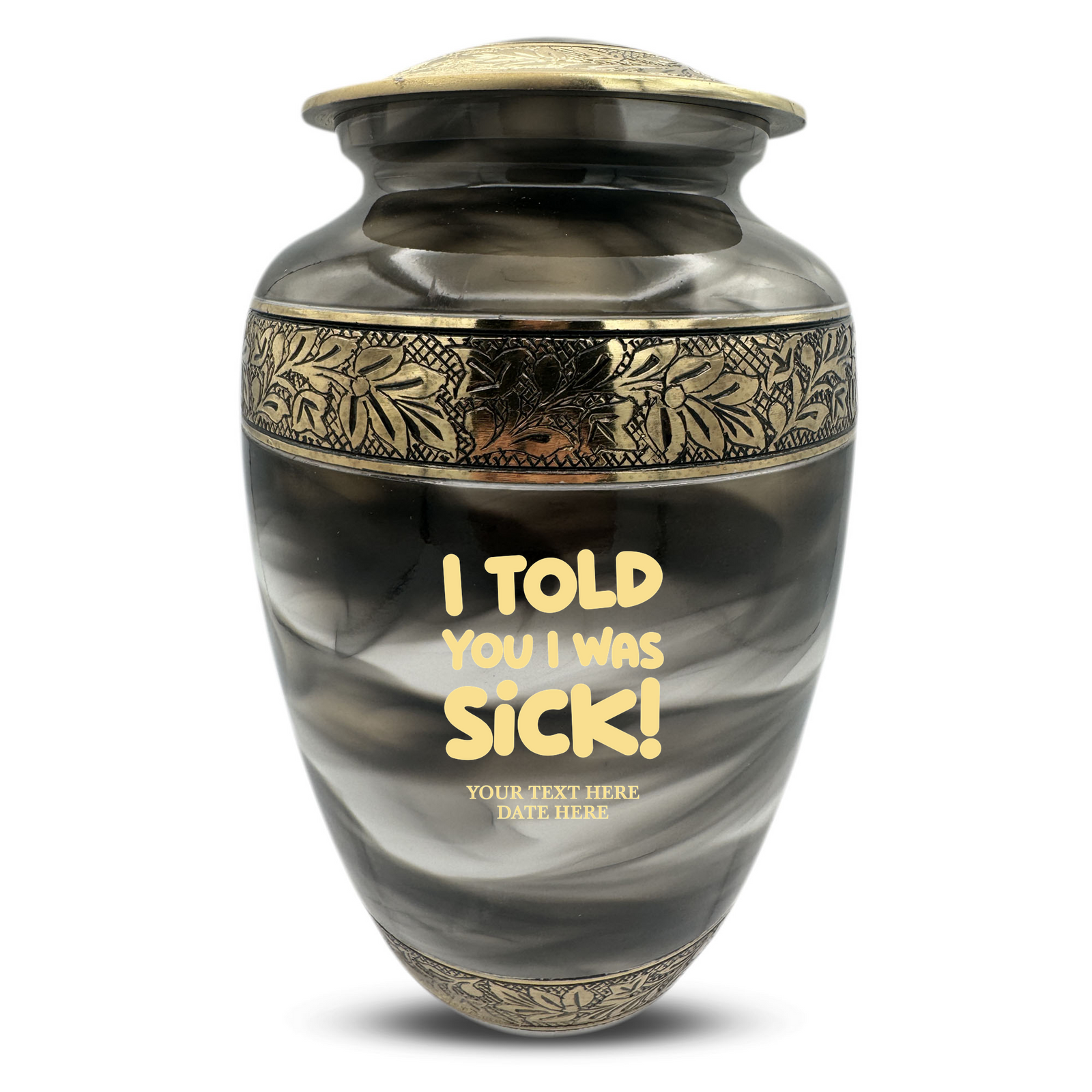 Custom Aluminum Human Urns - Suzesta Pearl White Memorial Urn - Dark Humor Design - 200 Cubic Inch