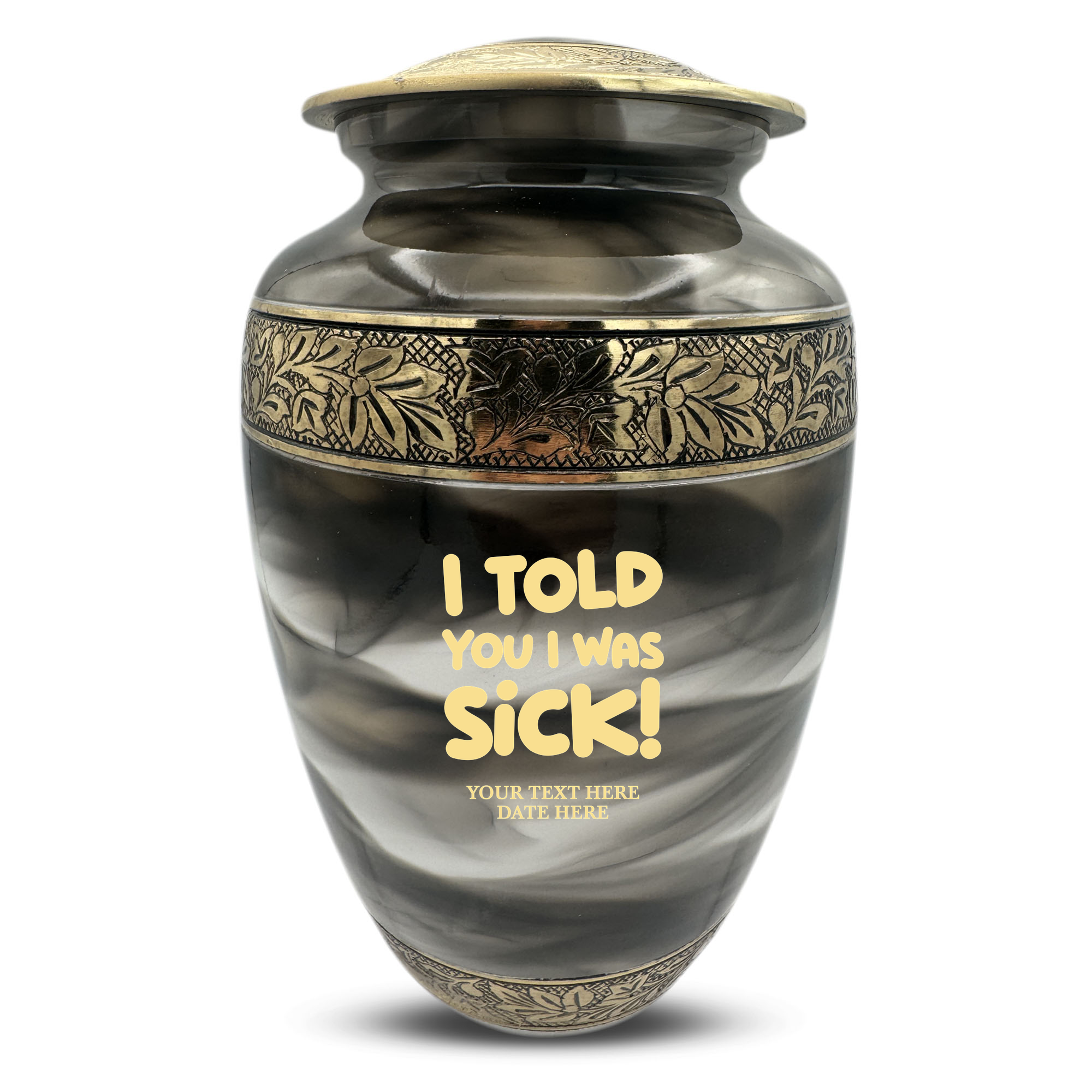 Custom Aluminum Cremation Urn for Human Ashes - Suzesta Pearl White Memorial Urn - Dark Humor Design - 200 Cubic Inch