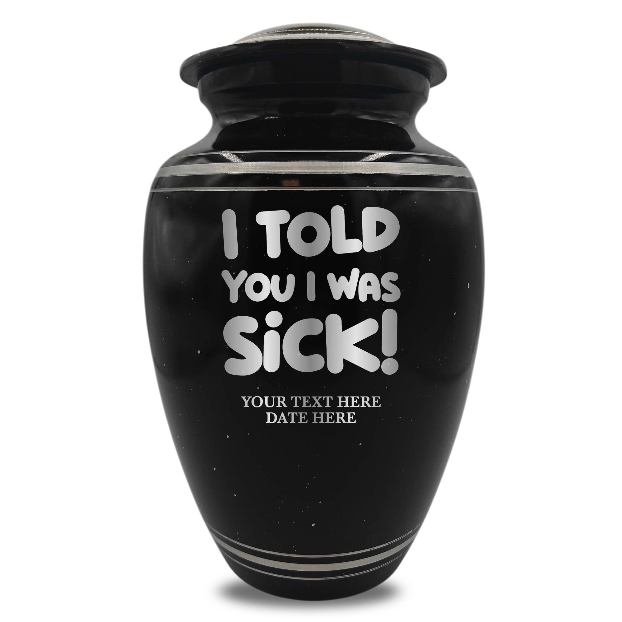 Spotted Black Aluminum with Silver Rim Human Cremation Urn - 200 Cubic Inch | Dark Humor