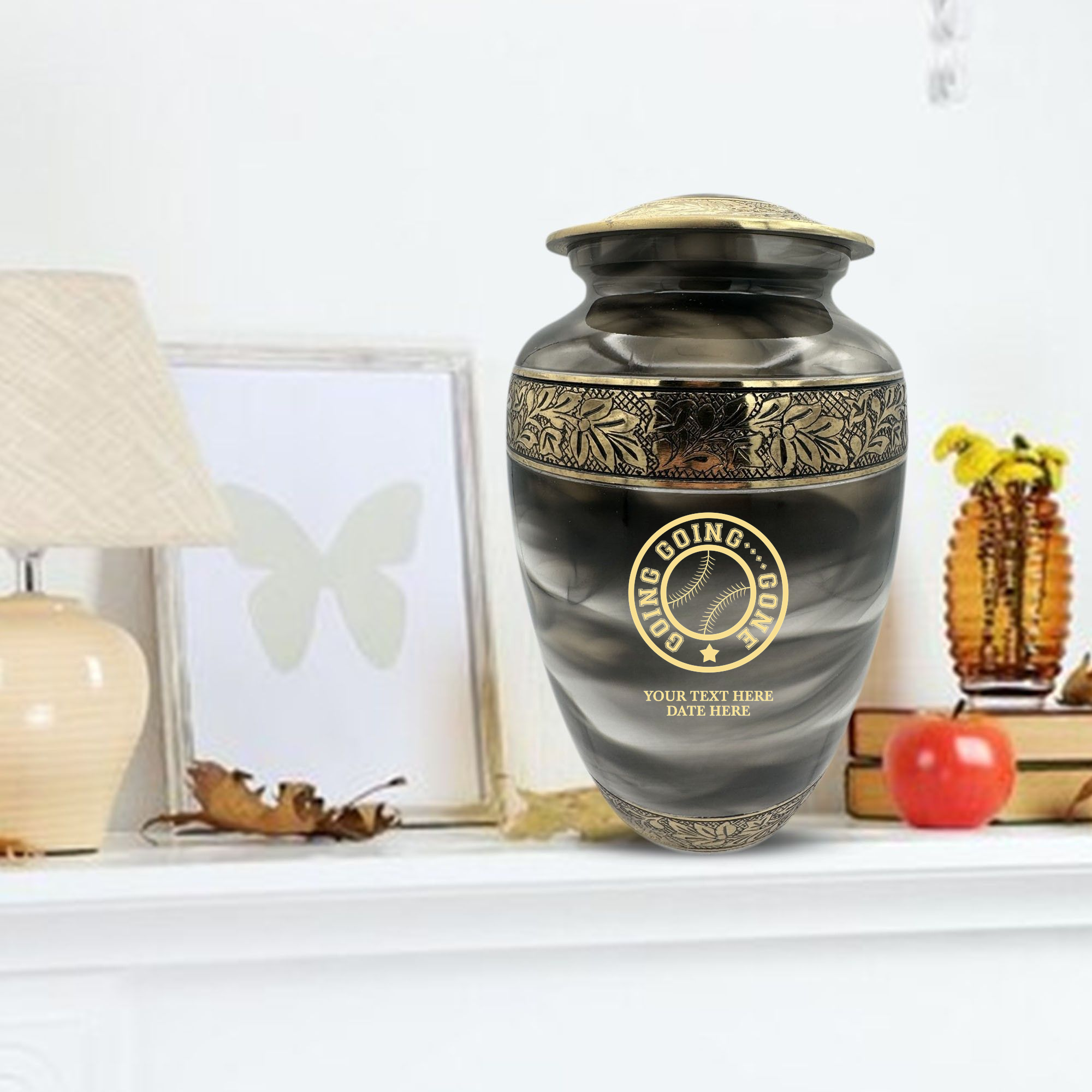 Custom Aluminum Human Urns - Suzesta Pearl White Memorial Urn - Funny Baseball Design - 200 Cubic Inch