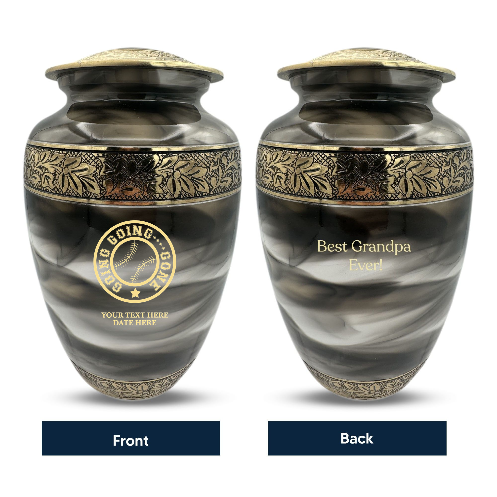 Custom Aluminum Human Urns - Suzesta Pearl White Memorial Urn - Funny Baseball Design - 200 Cubic Inch
