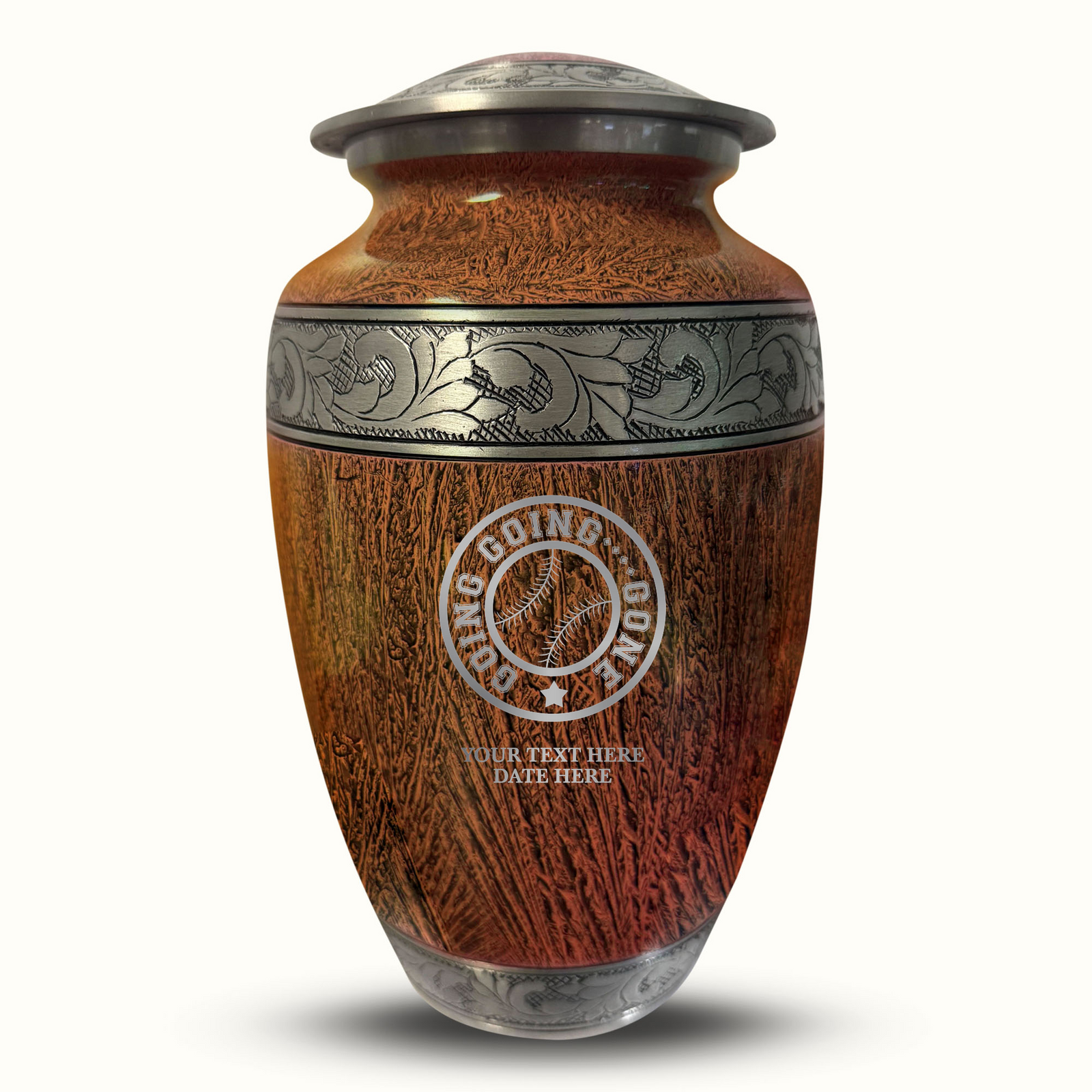 Custom Aluminum Human Urn - Elevate Collection - Funny Baseball Design - Distressed Finish - 200 Cubic Inch