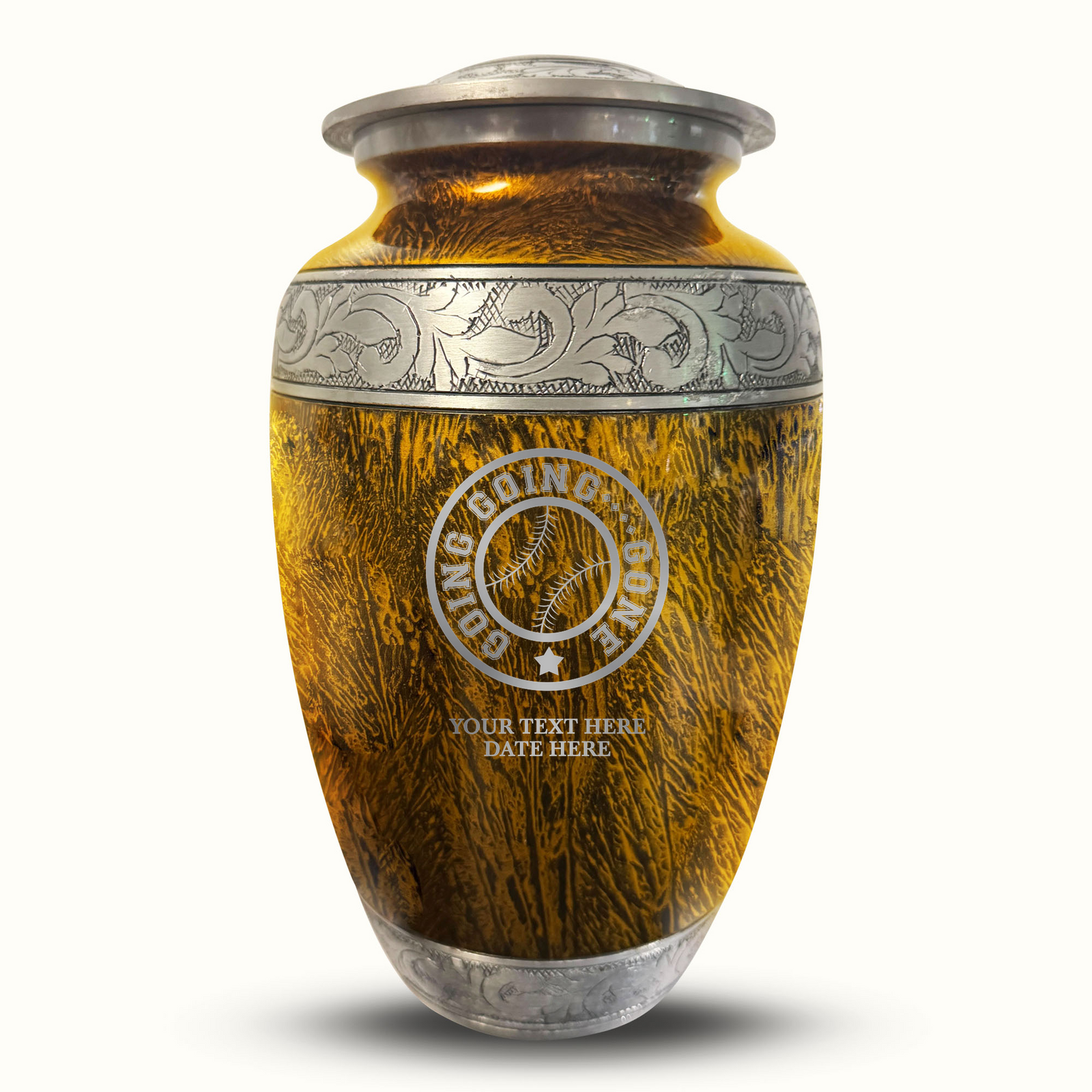 Custom Aluminum Human Urn - Elevate Collection - Funny Baseball Design - Distressed Finish - 200 Cubic Inch