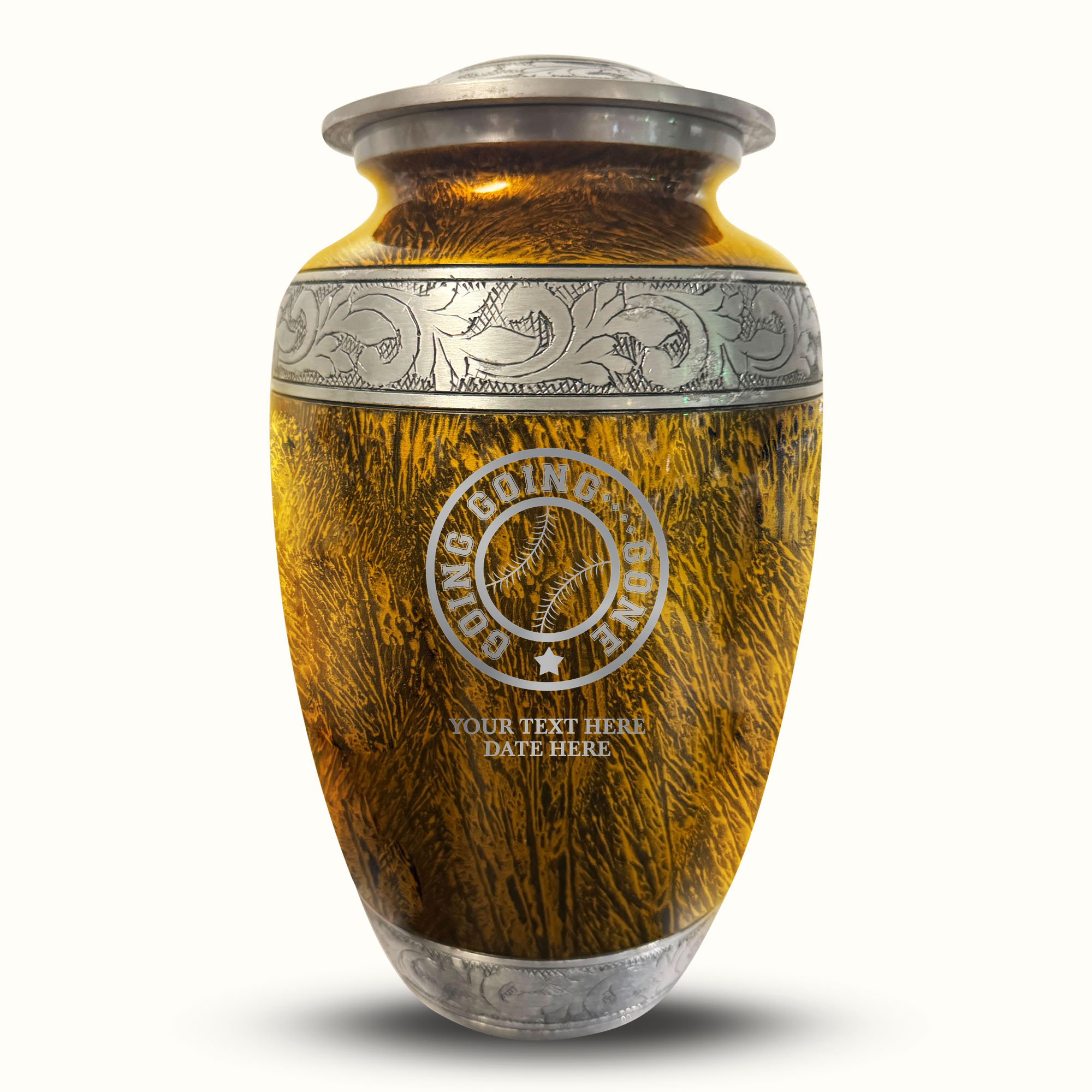 Custom Aluminum Human Urn - Elevate Collection - Funny Baseball Design - Distressed Finish - 200 Cubic Inch