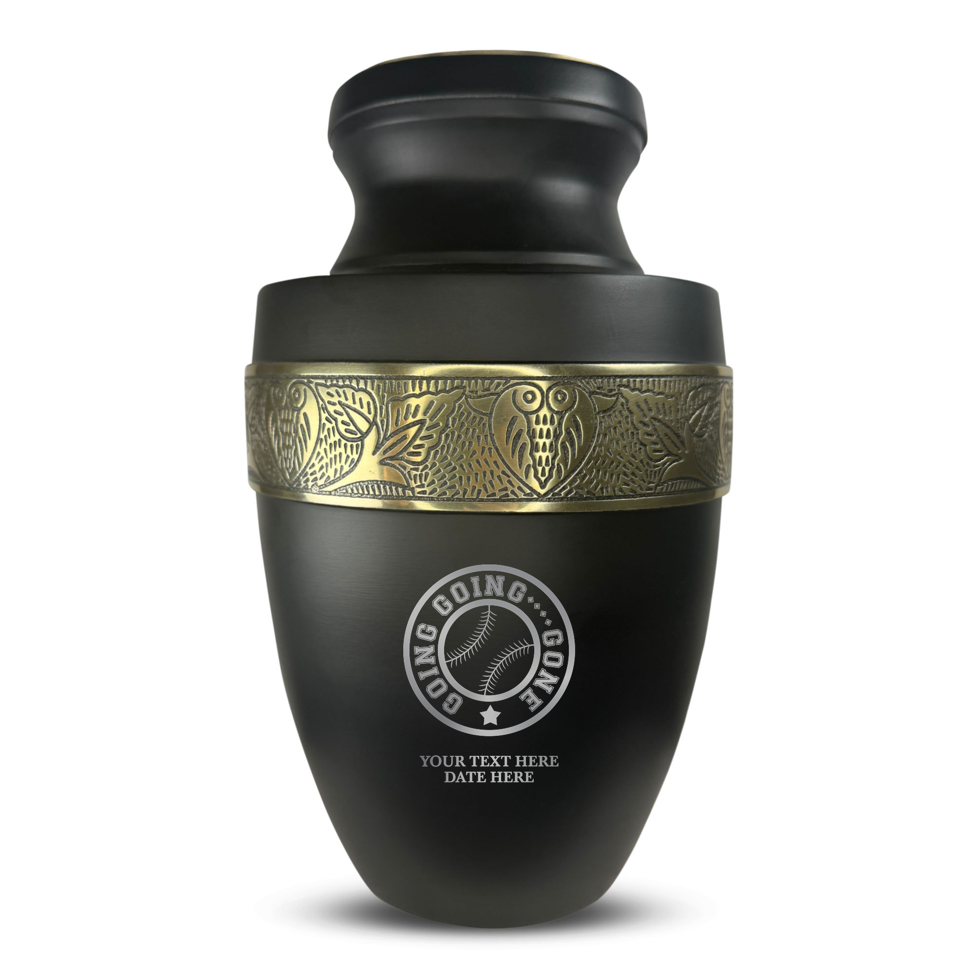 Personalized Adult Cremation Urn with Custom Engraved Name, Date and Funny Baseball Design Metal Aluminum Vessel for Ashes and Remains | Elite Collection with Gold Inlay | 200 Cubic Inch