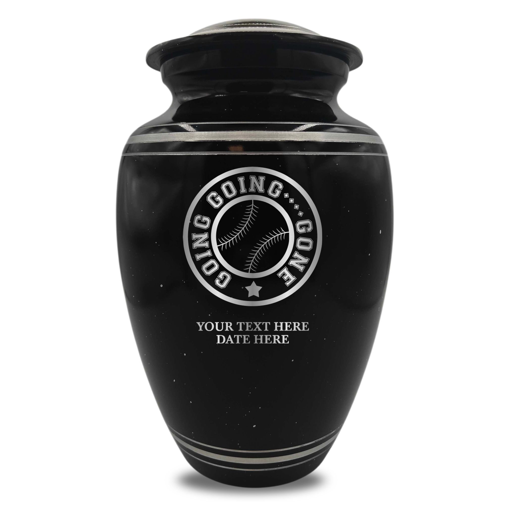 Spotted Black Aluminum with Silver Rim Human Cremation Urn - 200 Cubic Inch | Funny Baseball Memorial