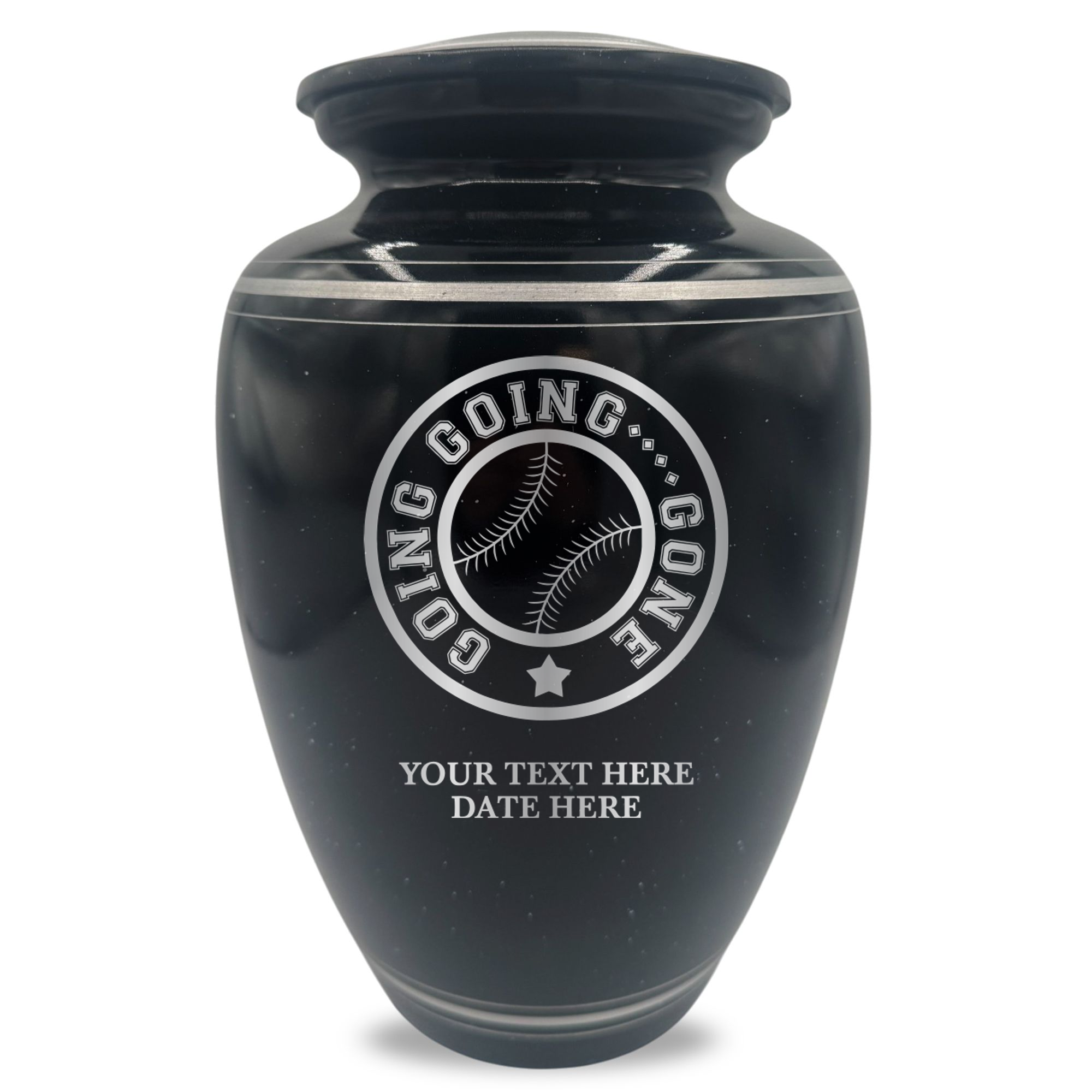 Extra Large Human Cremation Urn - 350 Cubic Inch - Black Spotted Finish with Silver Rim | Funny Baseball Memorial