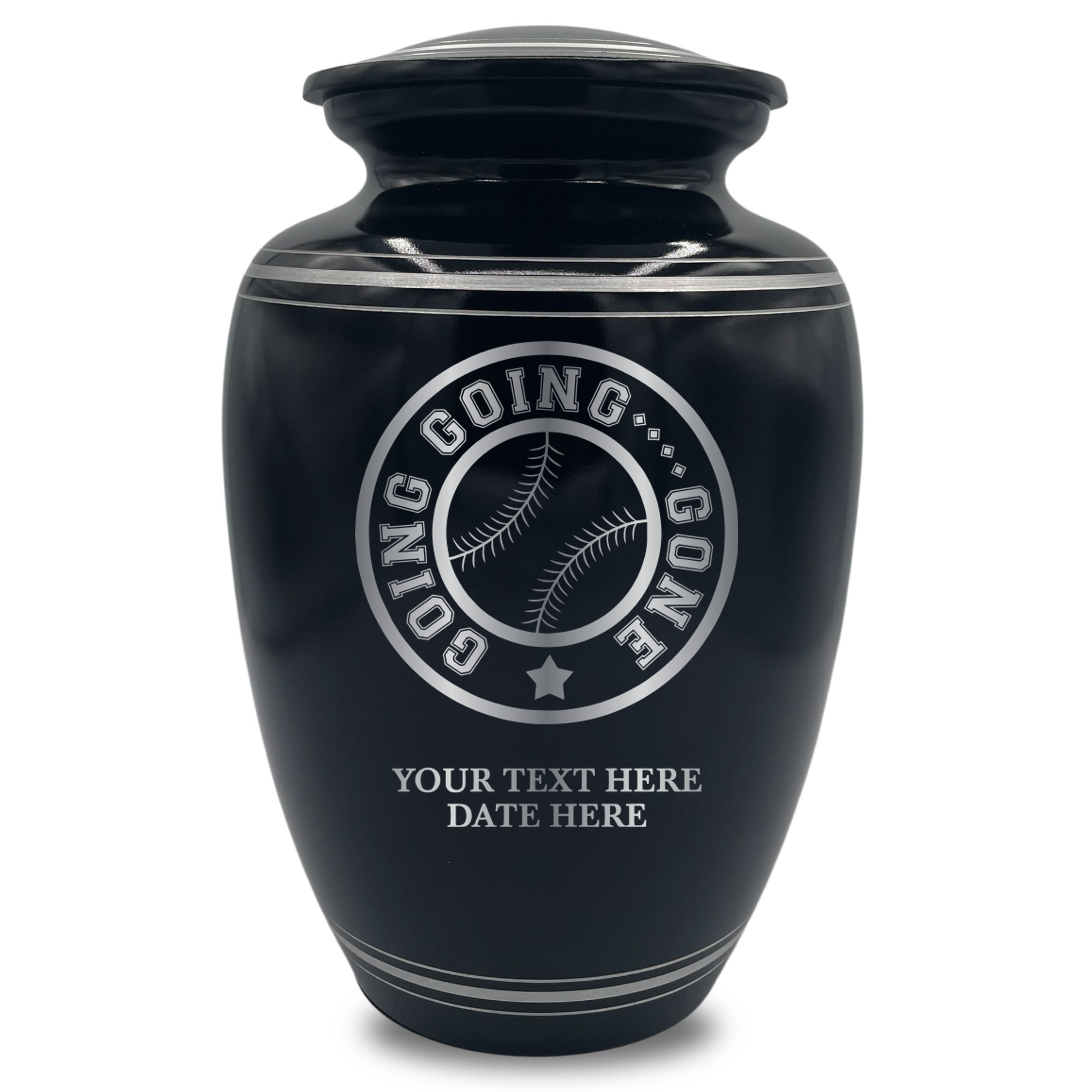 Human Cremation Urn - 350 Cubic Inch Capacity - Black with Silver Rim | Funny Baseball Memorial
