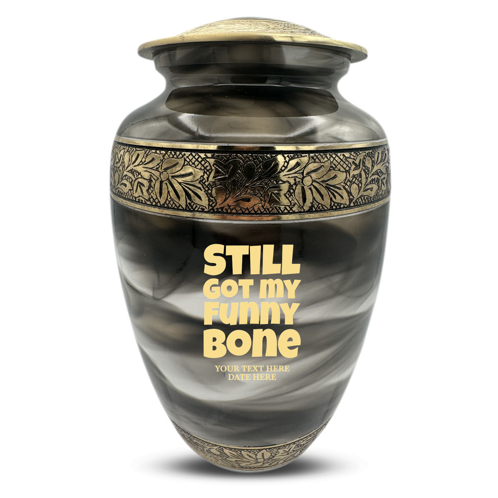Custom Aluminum Human Urns - Suzesta Pearl White Memorial Urn - Simple Humor Design - 200 Cubic Inch