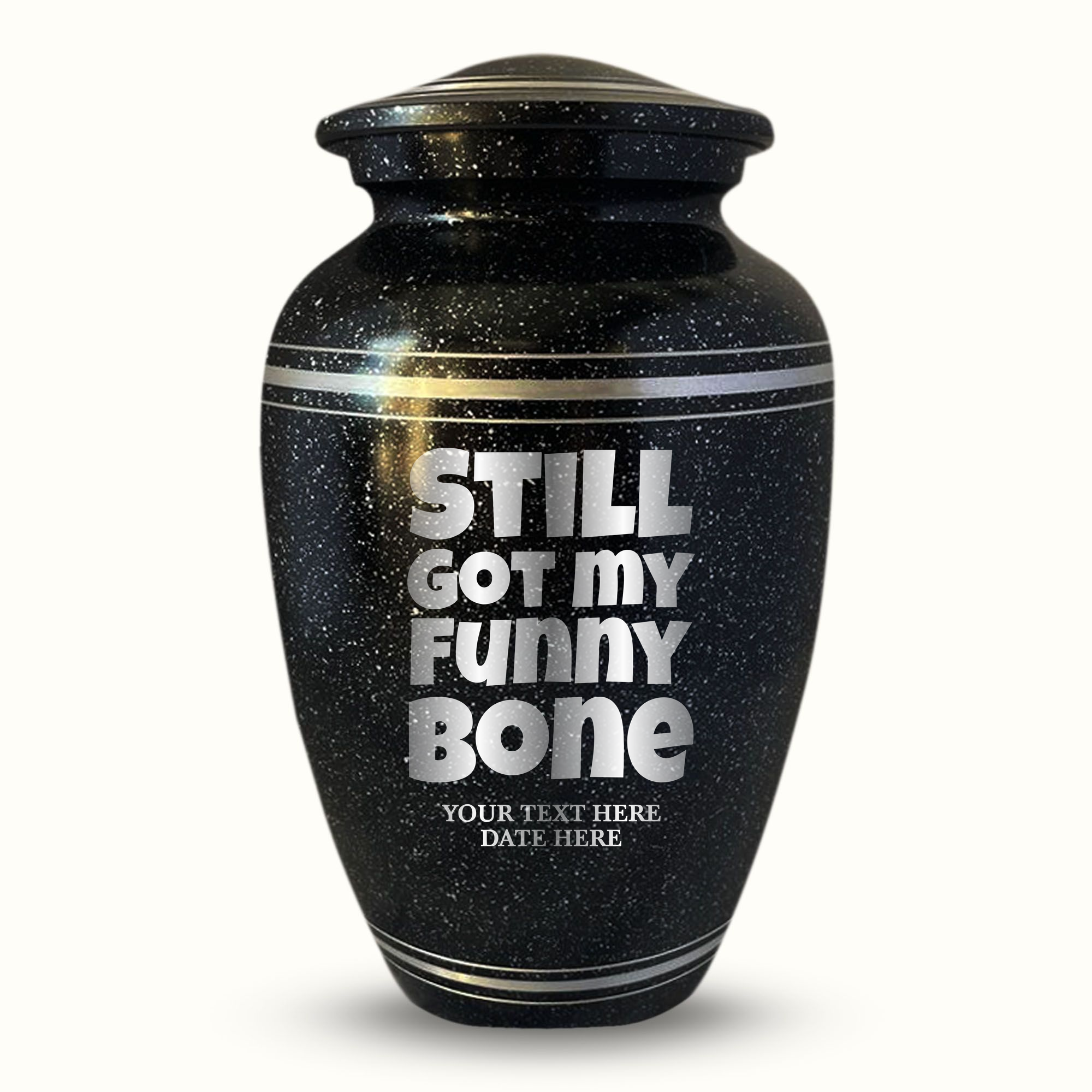 Spotted Black Aluminum with Silver Rim Human Cremation Urn - 200 Cubic Inch | Funny Memorial
