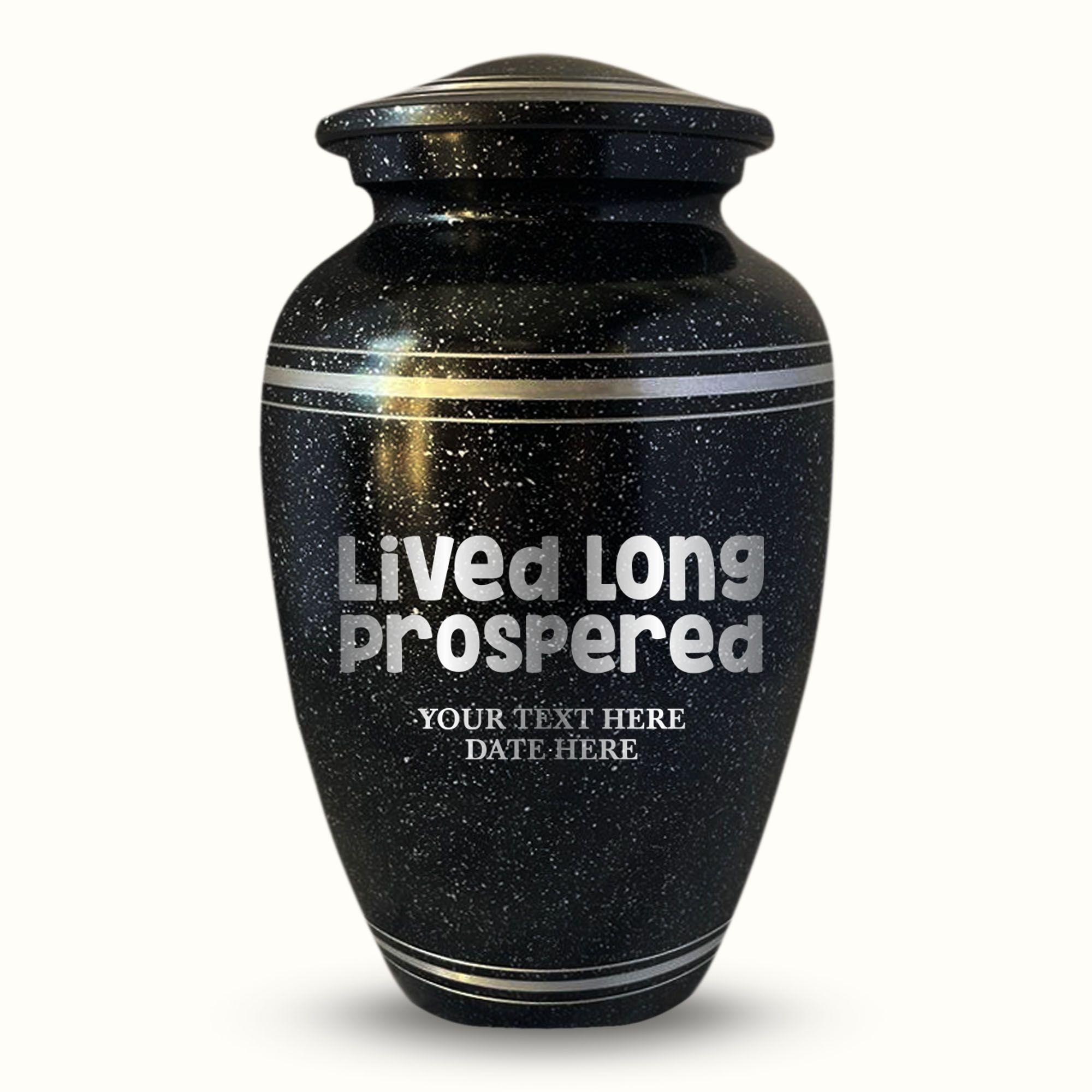 Spotted Black Aluminum with Silver Rim Human Cremation Urn - 200 Cubic Inch | Funny Pop Culture