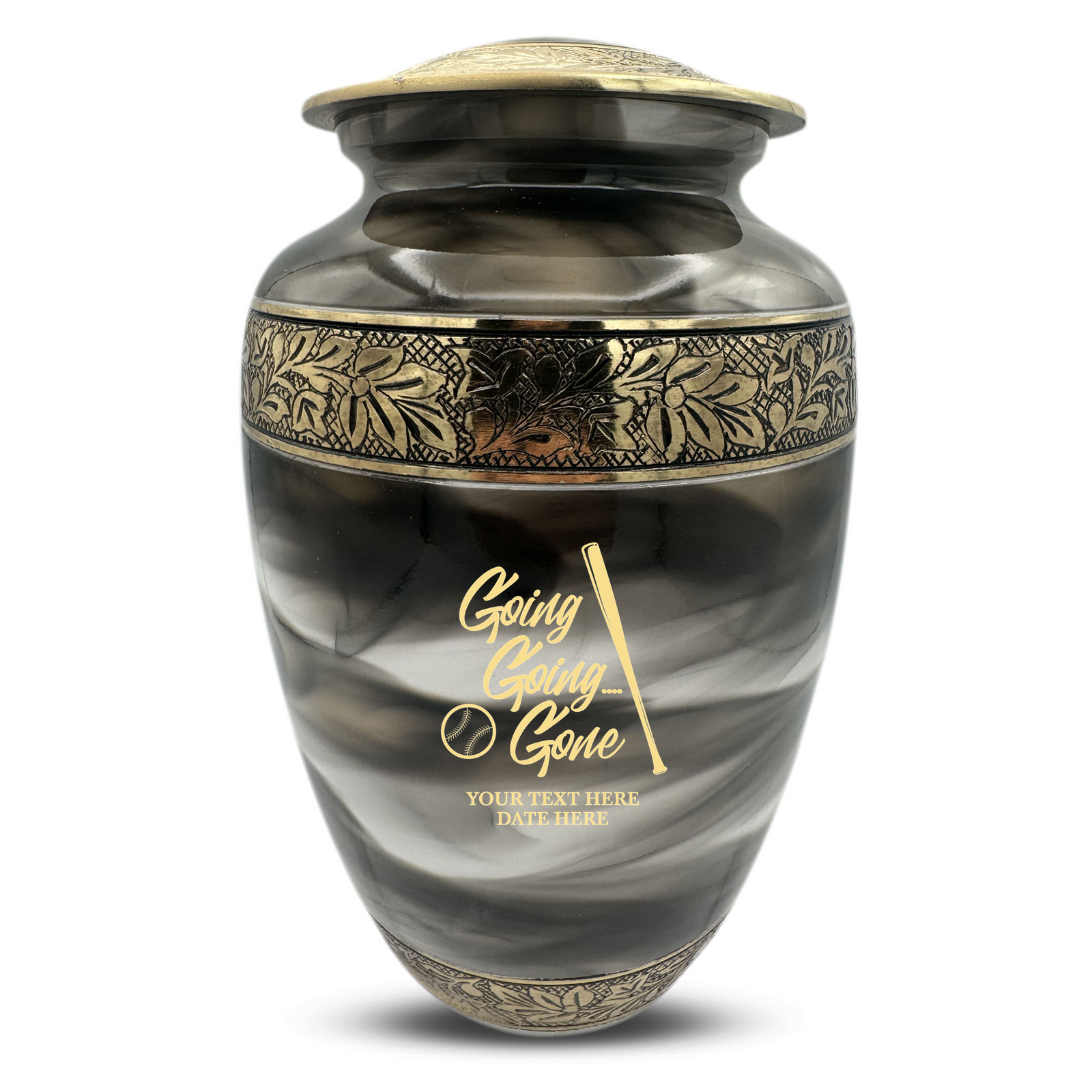 Custom Aluminum Human Urns - Suzesta Pearl White Memorial Urn - Funny Baseball Design - 200 Cubic Inch