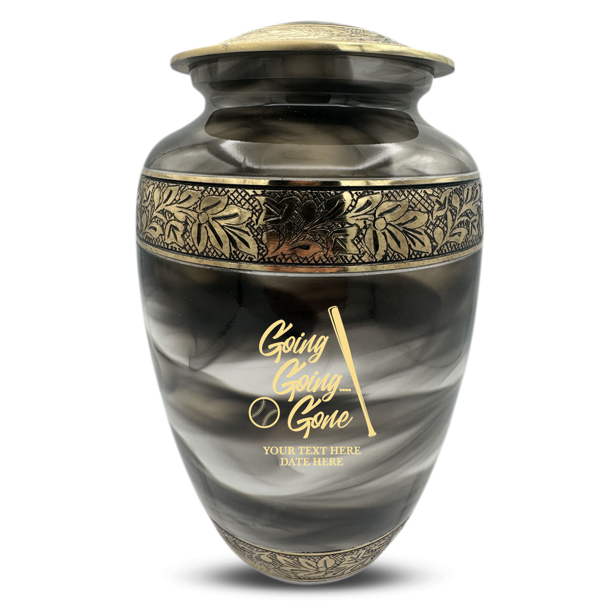 Custom Aluminum Cremation Urn for Human Ashes - Suzesta Pearl White Memorial Urn - Funny Baseball Design - 200 Cubic Inch