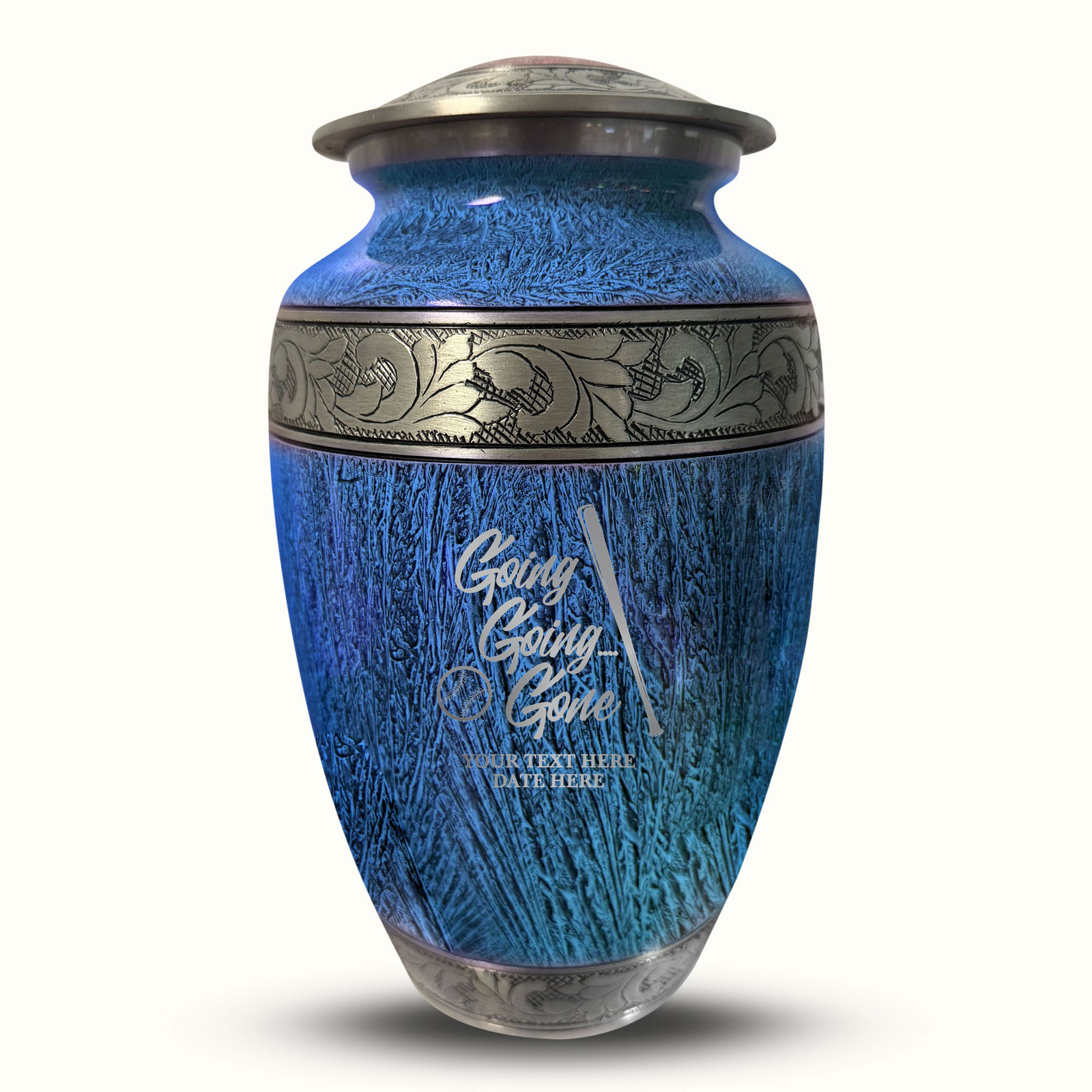 Custom Aluminum Human Urn - Elevate Collection - Funny Baseball Design - Distressed Finish - 200 Cubic Inch