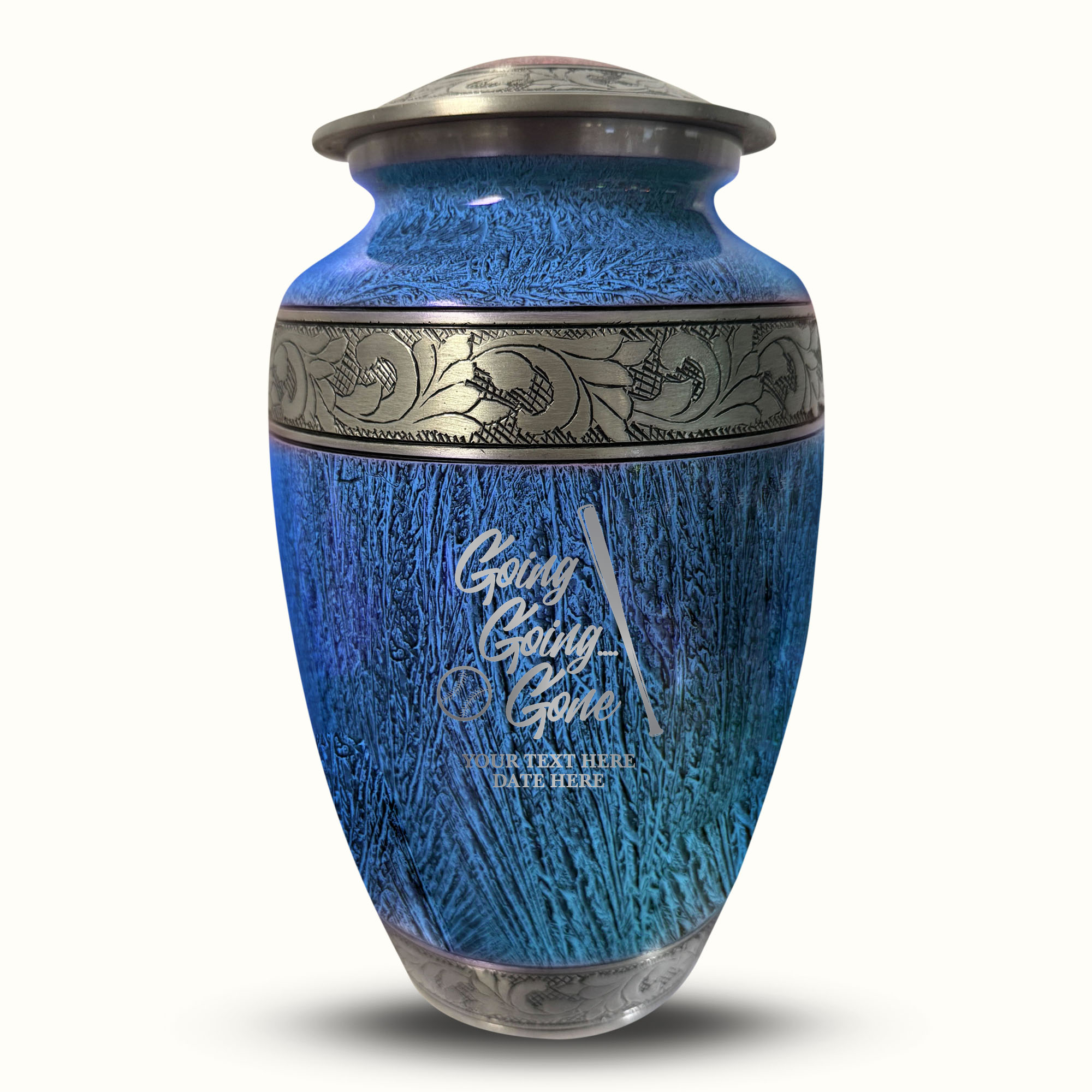 Custom Aluminum Human Urn - Elevate Collection - Funny Baseball Design - Distressed Finish - 200 Cubic Inch