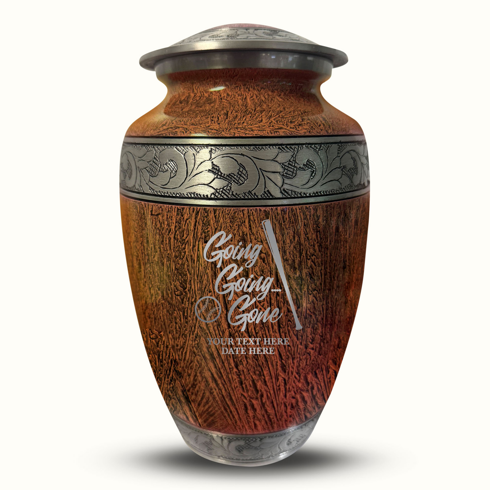 Custom Aluminum Human Urn - Elevate Collection - Funny Baseball Design - Distressed Finish - 200 Cubic Inch