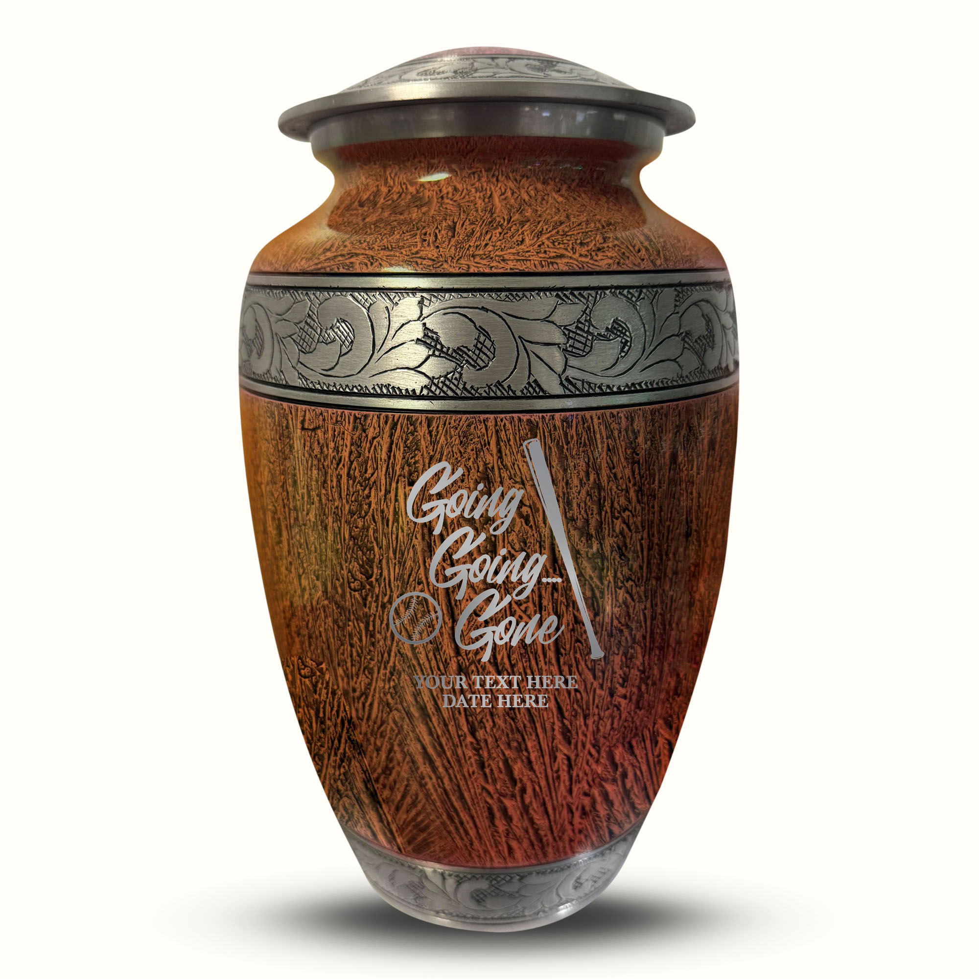 Custom Large Cremation Urn for Human Ashes - Elevate Collection - Funny Baseball Design - Distressed Finish - 200 Cubic Inch