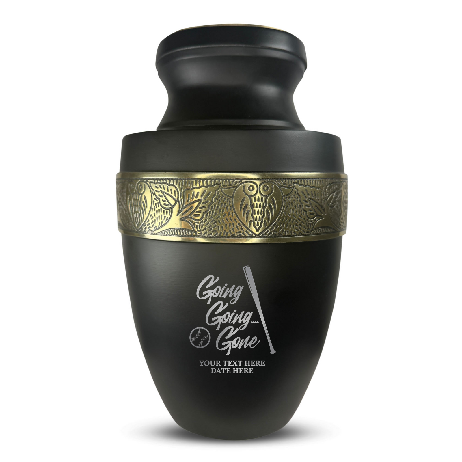 Custom Aluminum Human Urn - Funny Baseball Design - Elite Collection with Gold Inlay - 200 Cubic Inch