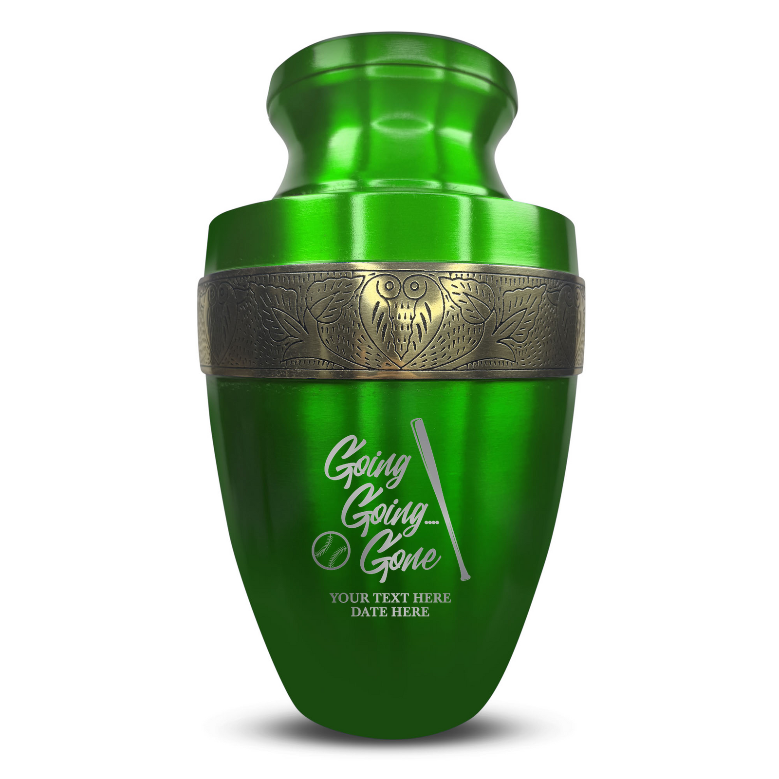 Custom Aluminum Human Urn - Funny Baseball Design - Elite Collection with Gold Inlay - 200 Cubic Inch