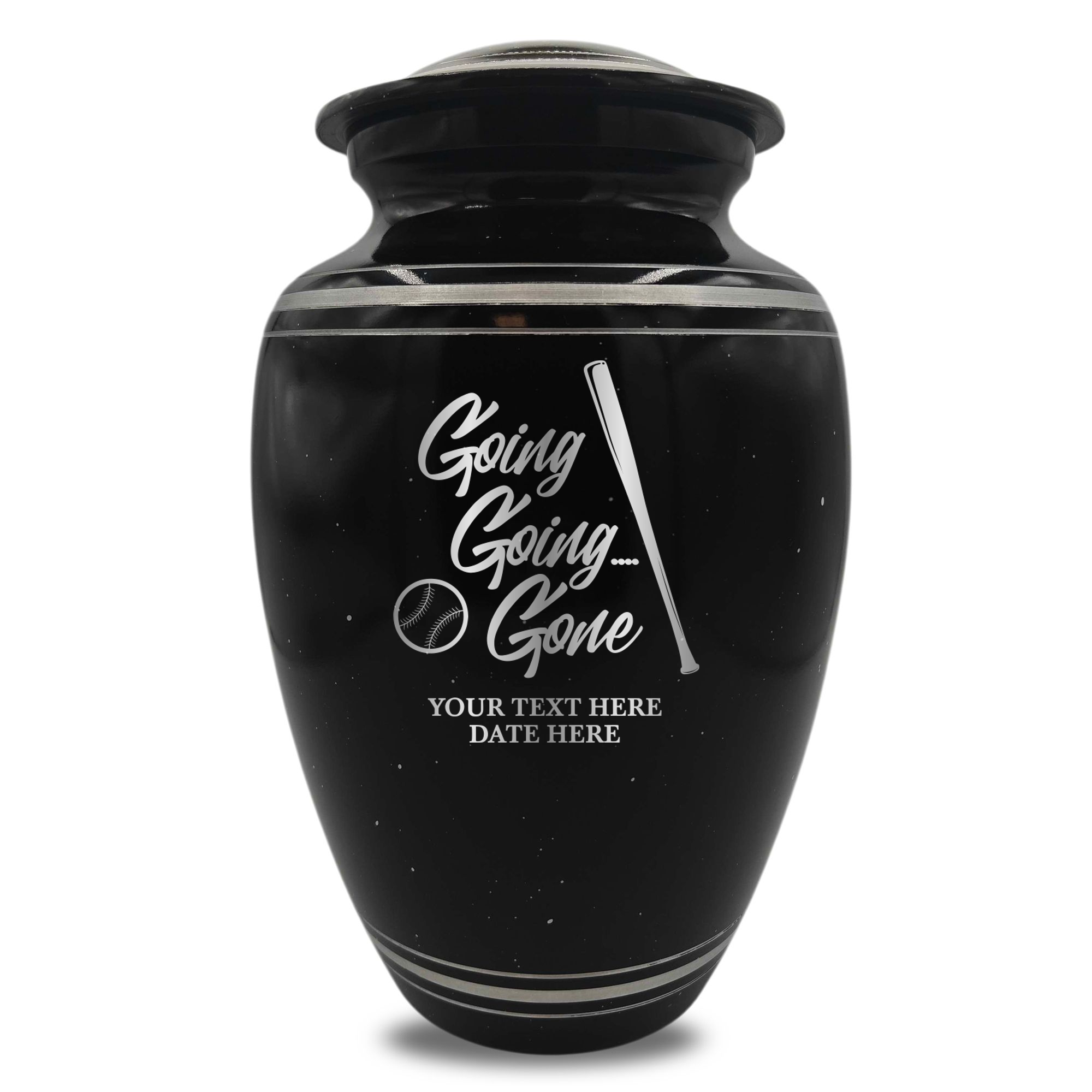 Spotted Black Aluminum with Silver Rim Human Cremation Urn - 200 Cubic Inch | Funny Baseball Memorial