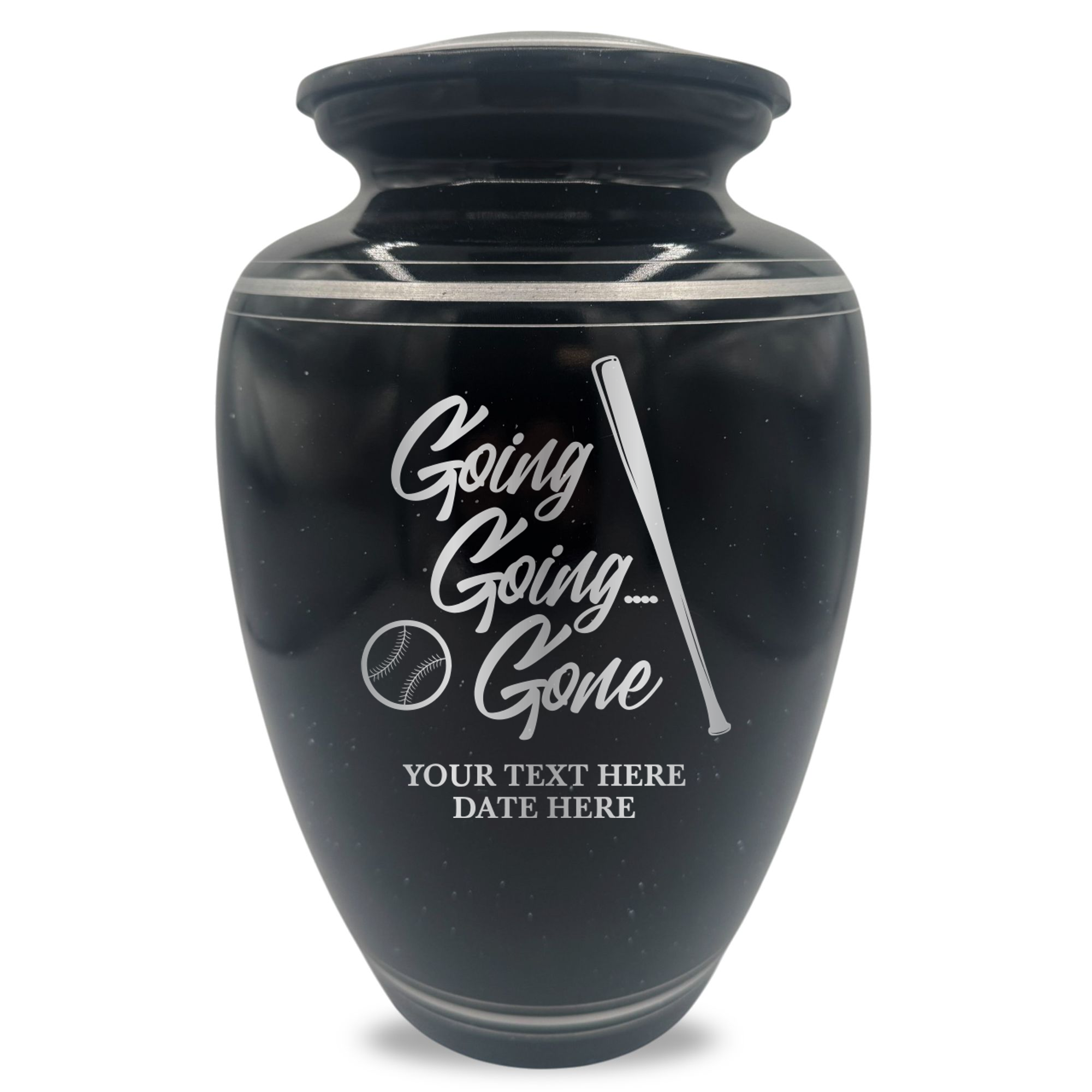 Extra Large Human Cremation Urn - 350 Cubic Inch - Black Spotted Finish with Silver Rim | Funny Baseball Memorial