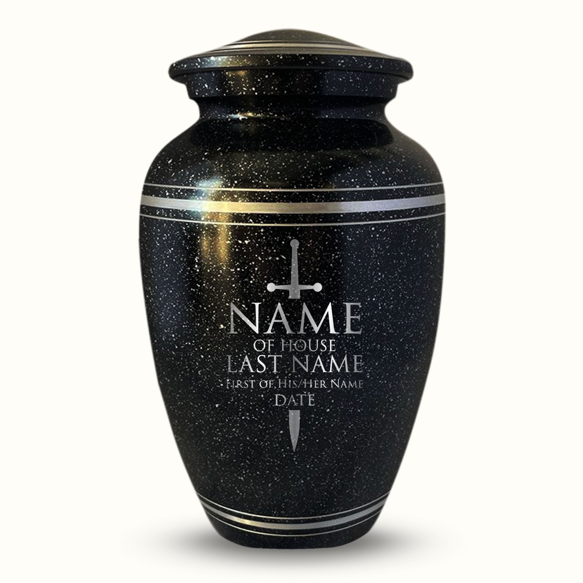 Spotted Black Aluminum with Silver Rim Human Cremation Urn - 200 Cubic Inch | Fantasy Memorial